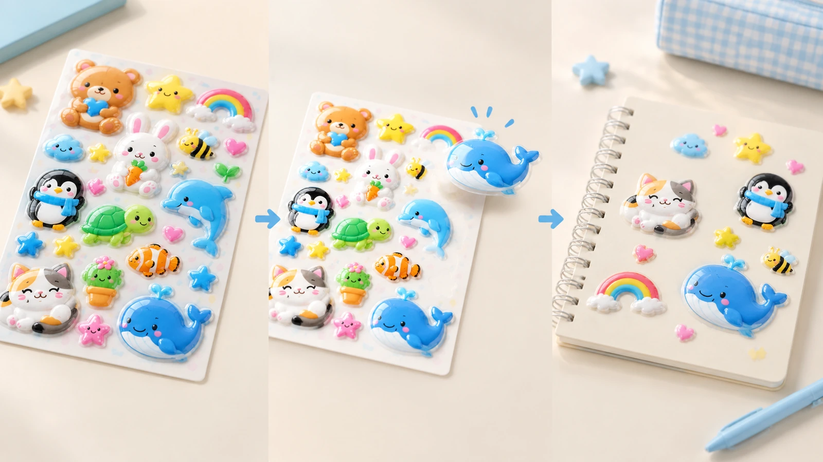 Despegando y colocando stickers en relieve en una libreta Ilustración de 3 paneles de stickers en relieve de animales que pasan de una hoja a una libreta espiral