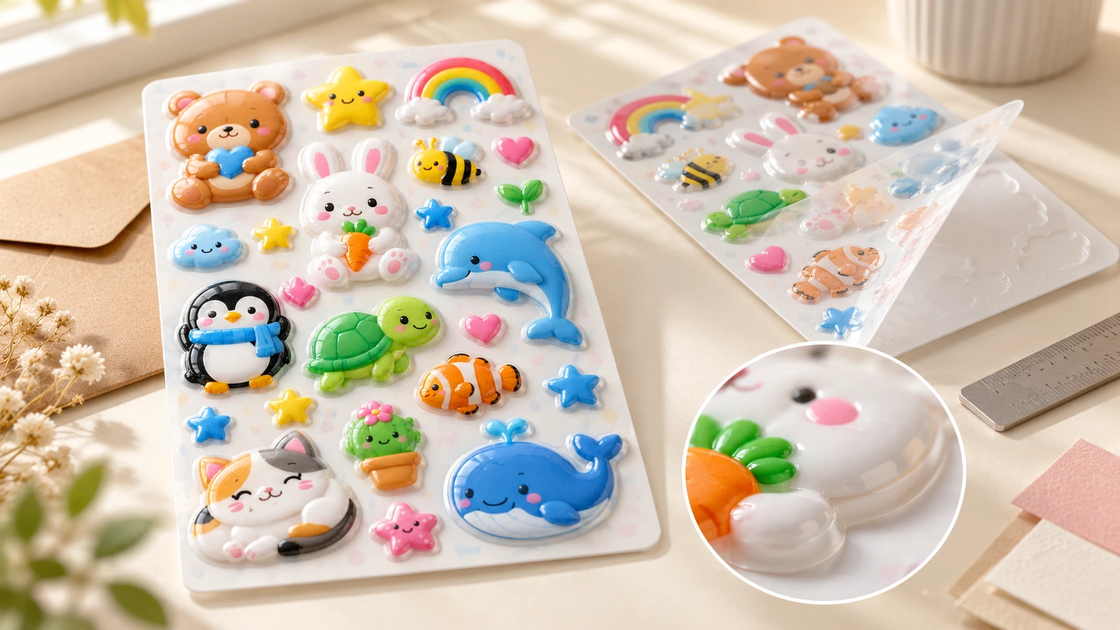 Hojas de stickers en relieve con detalle de conejo Hojas de stickers en relieve de animales con un primer plano circular de un conejo sosteniendo una zanahoria