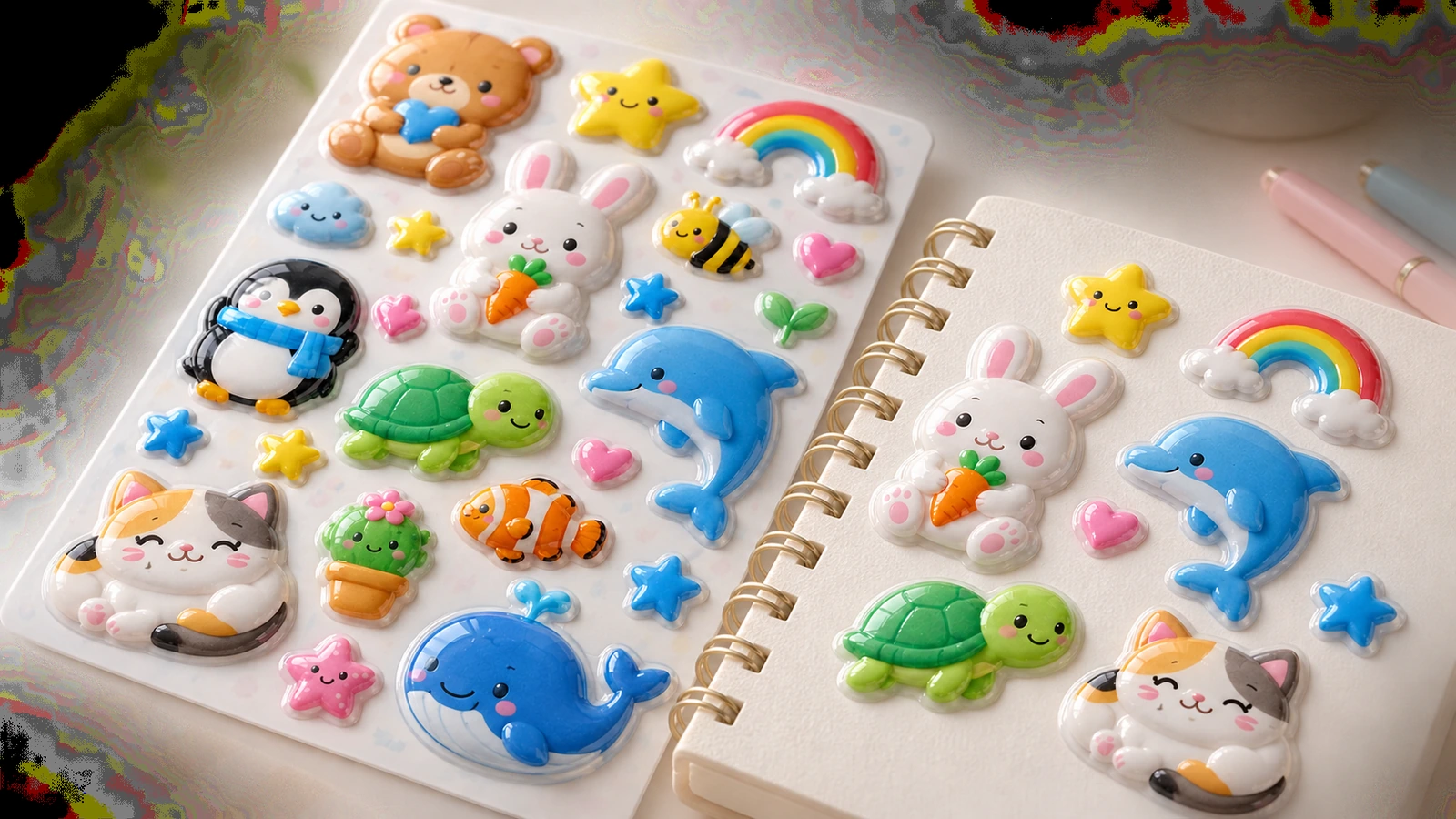Hoja de stickers en relieve y libreta decorada Hoja de stickers en relieve de animales junto a una libreta espiral decorada con stickers a juego