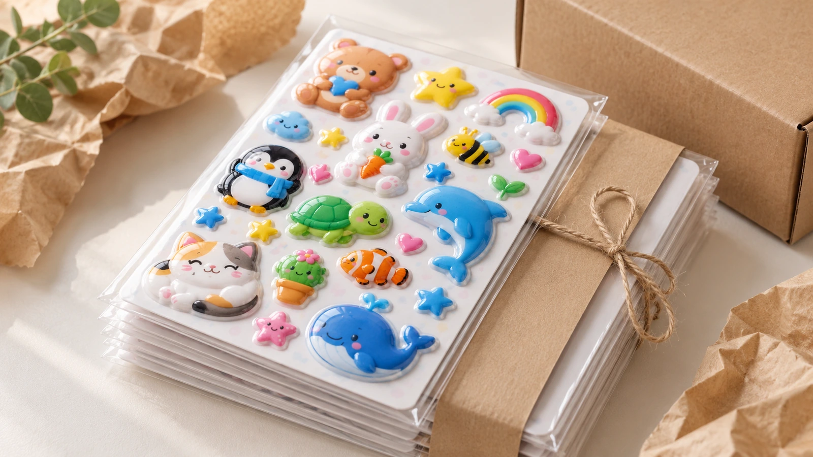 Hojas de stickers en relieve apiladas con embalaje de papel kraft Pila de hojas de stickers en relieve en fundas transparentes junto a un paquete envuelto en papel kraft y una caja de cartón