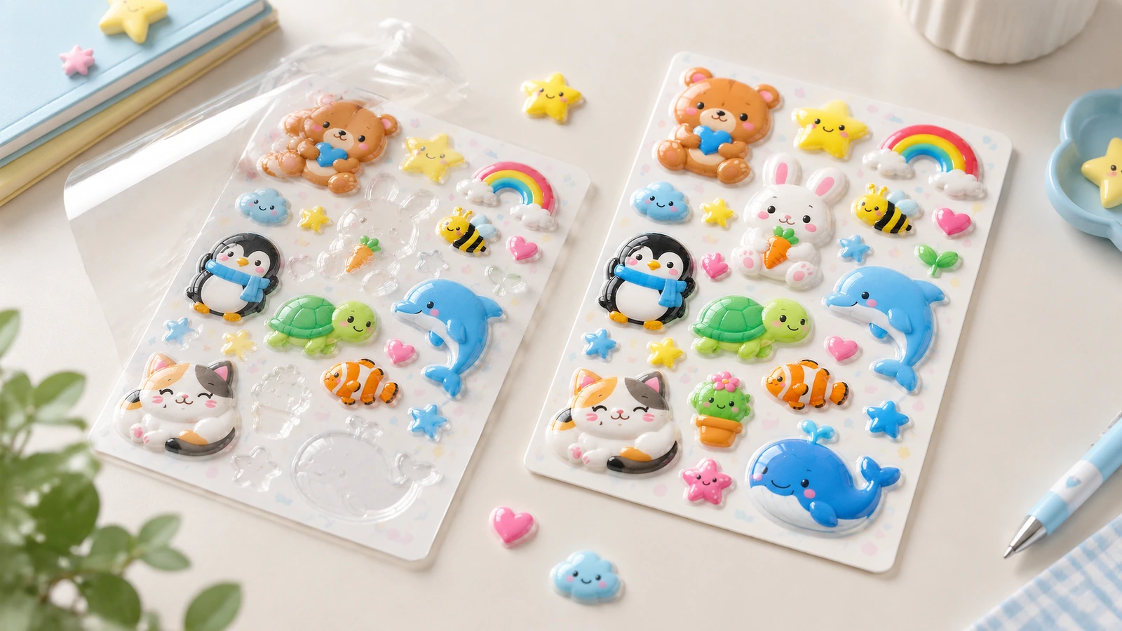 Exhibición de hojas de stickers en relieve de animales Dos hojas de stickers en relieve de animales, de colores, expuestas en un escritorio de papelería