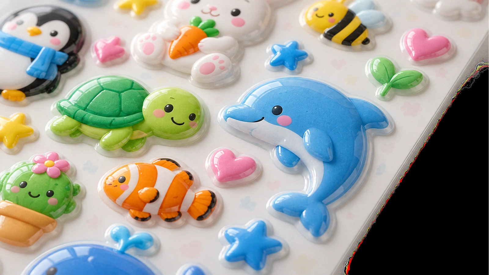 Primer plano de stickers en relieve de animales de colores Primer plano de stickers en relieve brillantes de delfín, tortuga, conejo y pez en una hoja