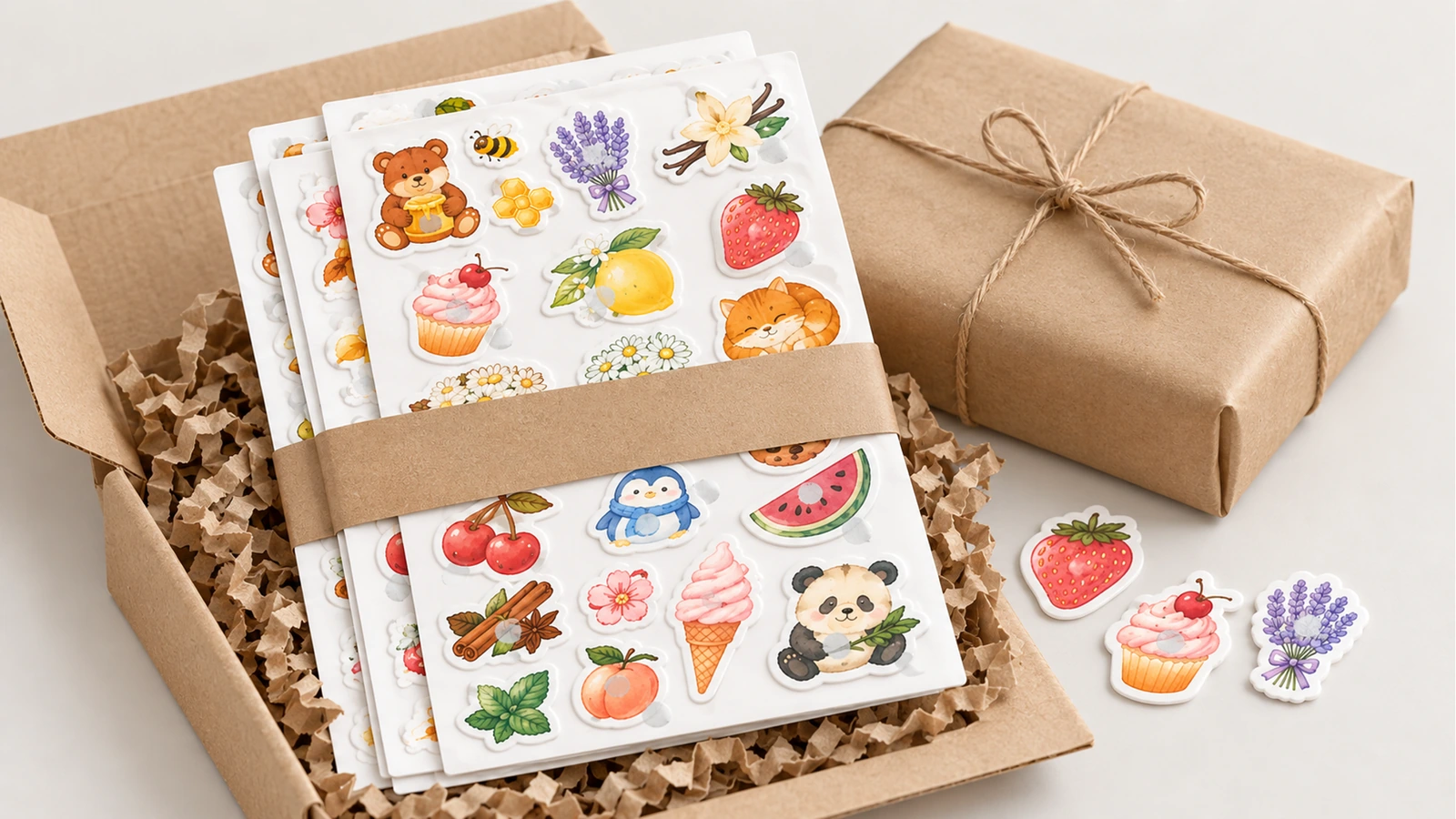 Hojas de pegatinas ilustradas sujetas con una banda de papel kraft en una caja abierta, junto a una caja atada con cordel