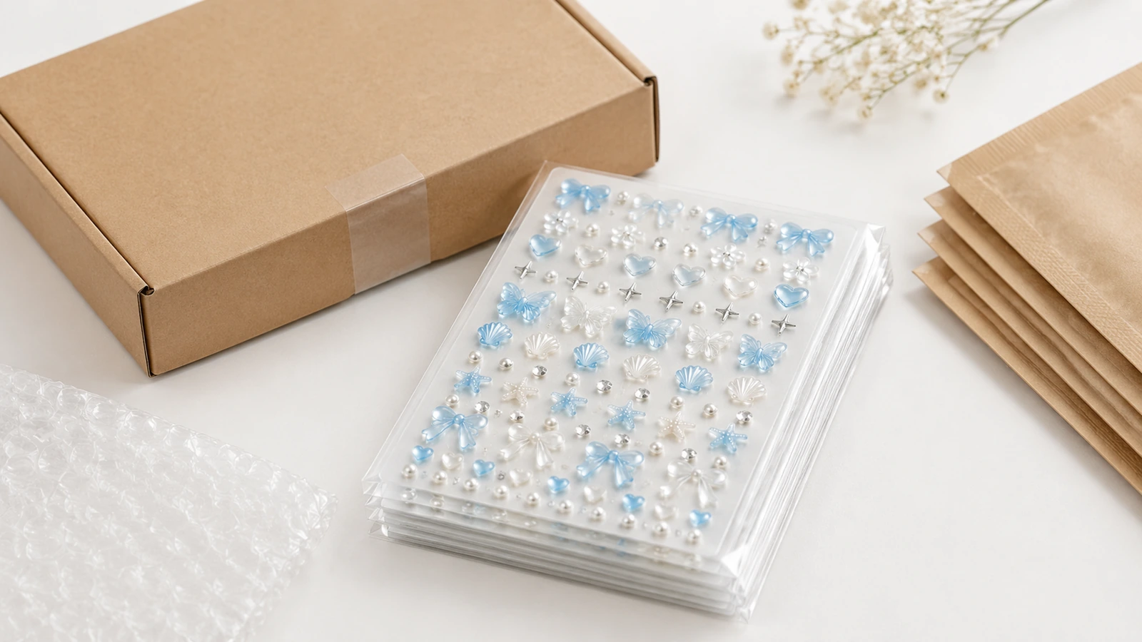 Hojas de decoración apiladas junto a una caja marrón y sobres de envío de papel kraft