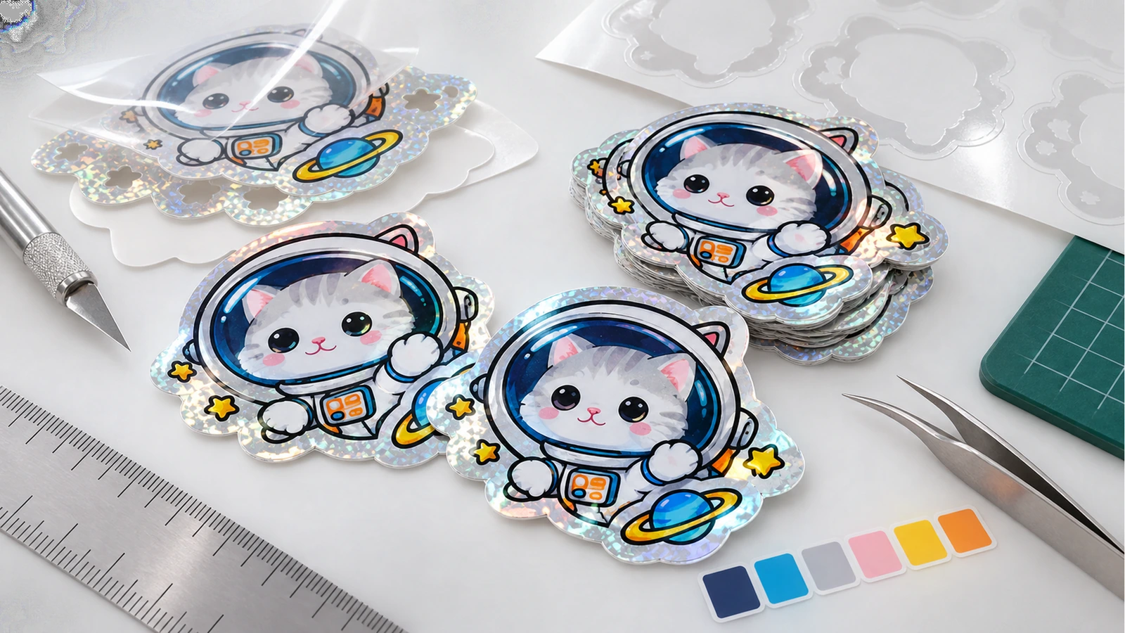 Pegatinas troqueladas de gato astronauta con bordes brillantes estampados, dispuestas junto a una regla, herramientas de corte y muestras de color