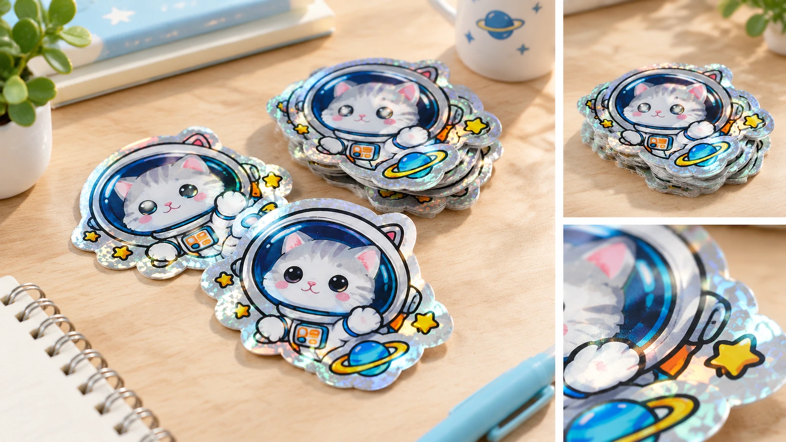 Collage de pegatinas de gato astronauta sueltas y apiladas sobre un escritorio, incluido un primer plano del borde brillante estampado