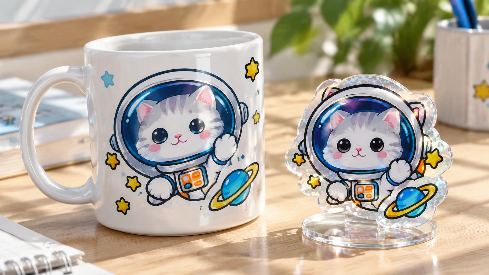 Diseño de gato astronauta en una taza blanca, junto a un recorte a juego expuesto en un soporte transparente