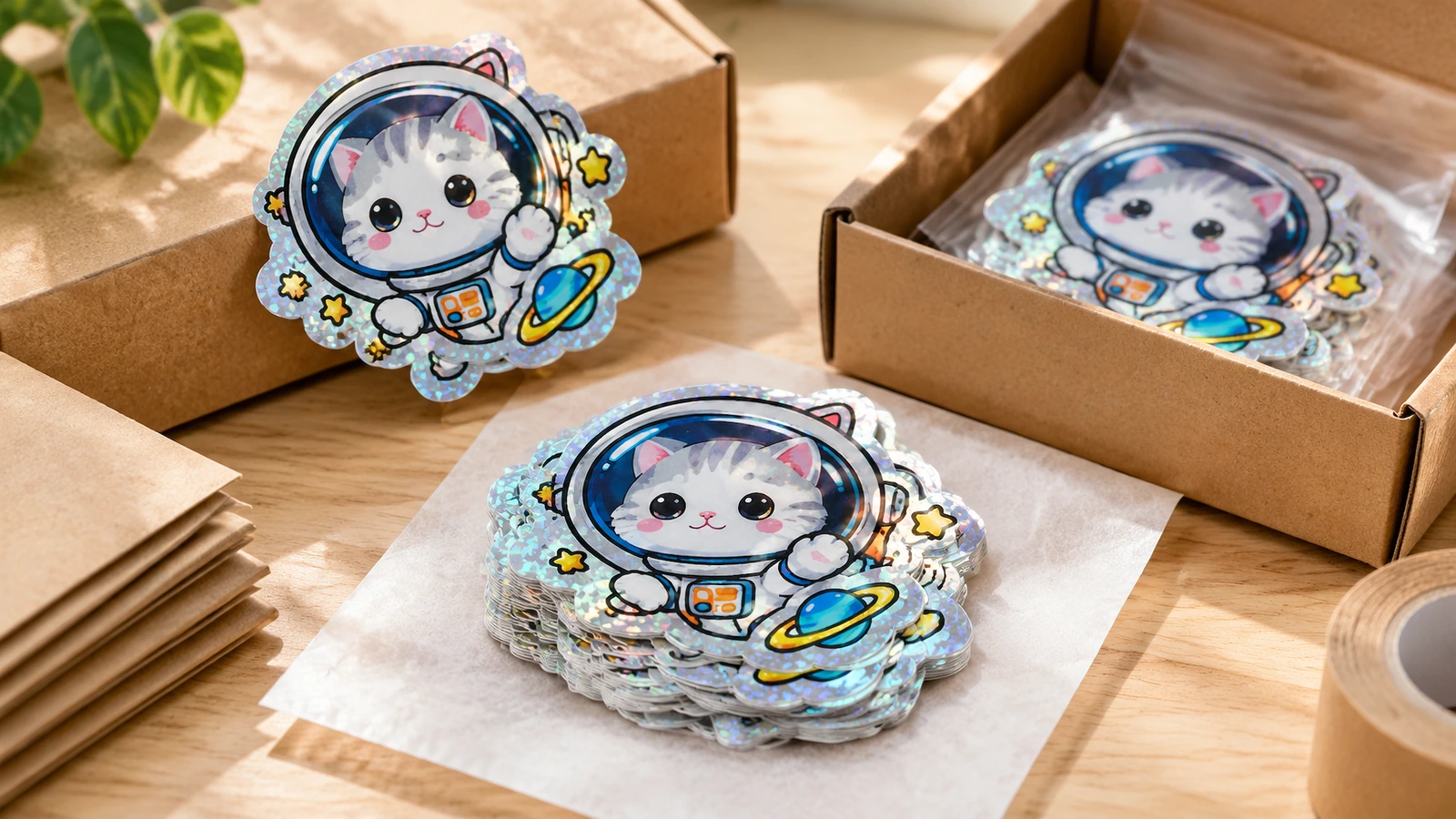 Pegatinas de gato astronauta dispuestas junto a un embalaje kraft, con una pila de pegatinas sobre papel de seda y pegatinas envueltas en una caja abierta