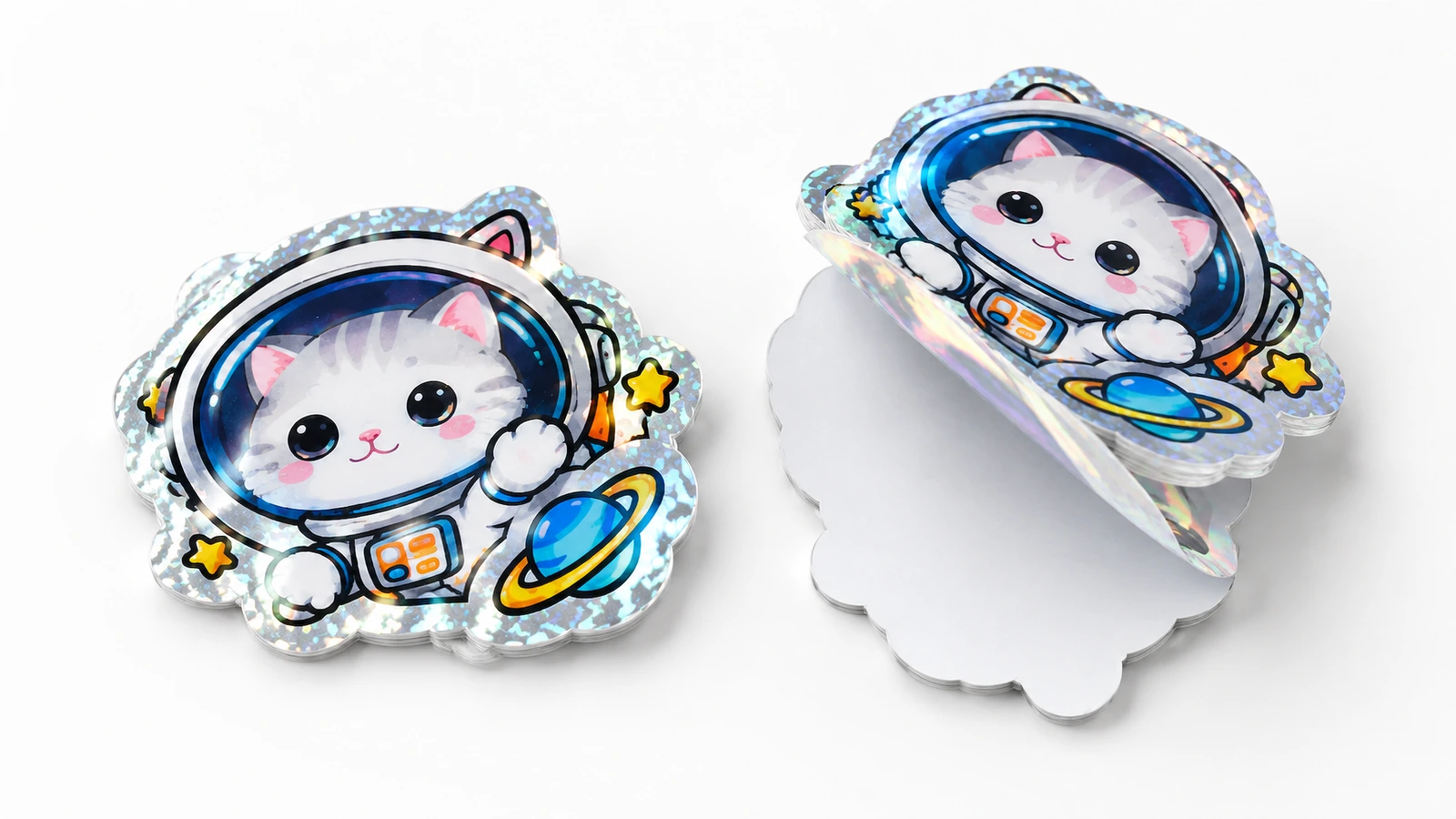 Dos pegatinas troqueladas de gato astronauta, una parcialmente despegada para mostrar su soporte blanco