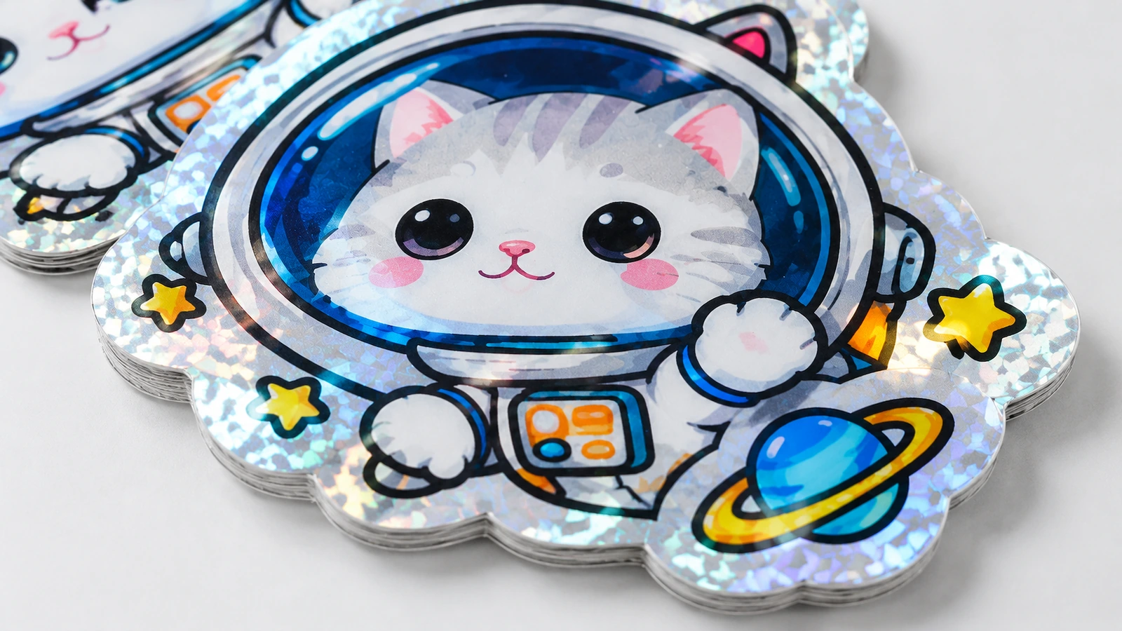 Primer plano de pegatinas de gato astronauta apiladas con un borde brillante estampado, estrellas y un planeta azul con anillos