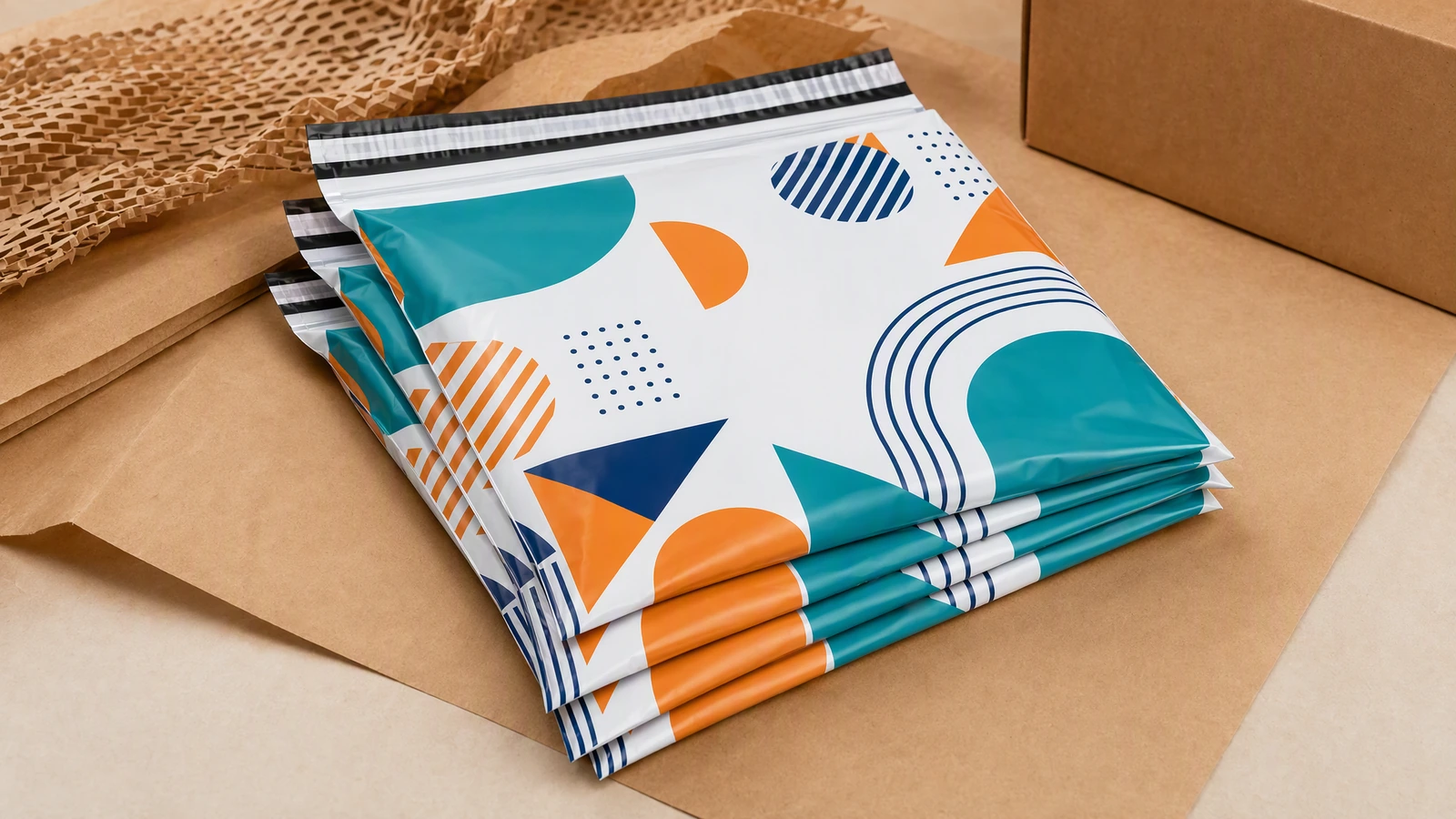 Ilustración de bolsas de envío de estampado geométrico apiladas sobre papel kraft
