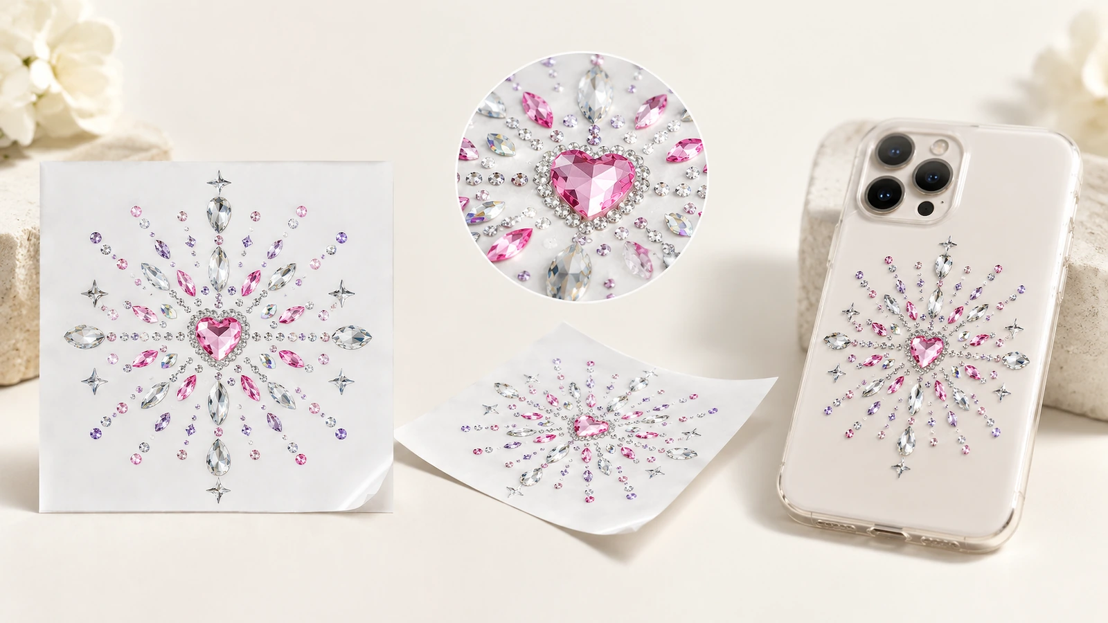 Hojas de motivos de strass y funda para teléfono Motivos de strass con centro en forma de corazón sobre hojas blancas y una funda transparente para teléfono, con un detalle circular insertado