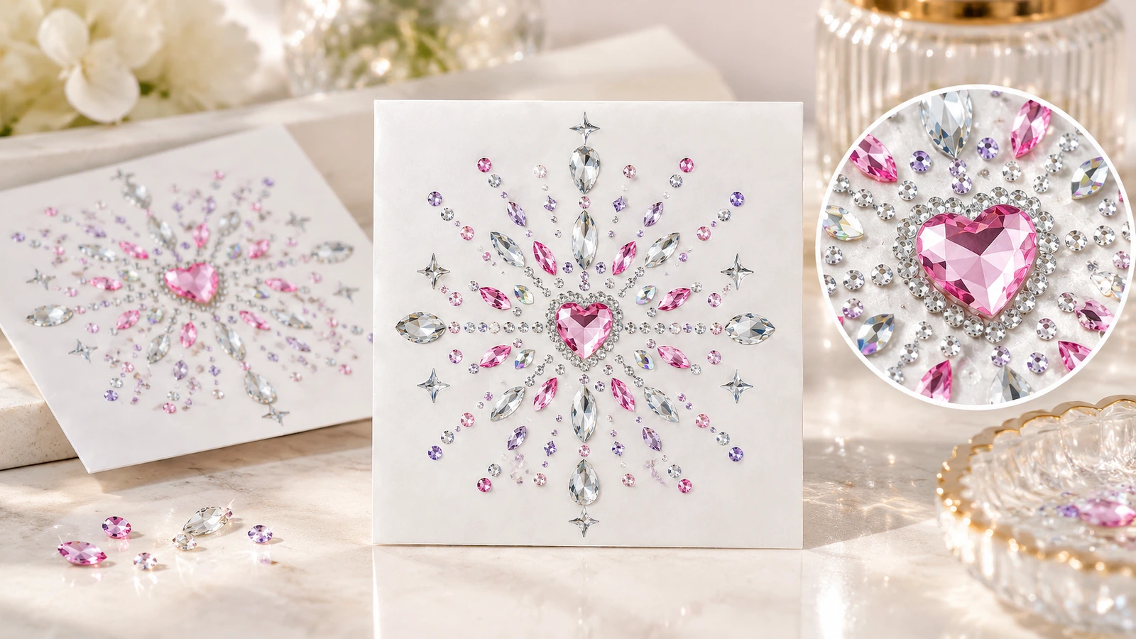 Exhibición de motivos de strass y detalle del centro Motivos de strass con centro en forma de corazón expuestos sobre hojas blancas, con un primer plano circular de la piedra central rosa