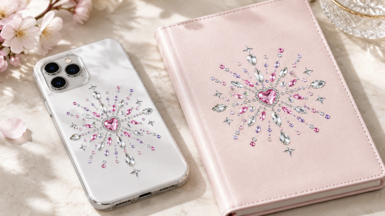 Motivos de strass en una funda para teléfono y una libreta Motivos de strass rosas a juego con centro en forma de corazón que decoran una funda transparente para teléfono y una libreta rosa
