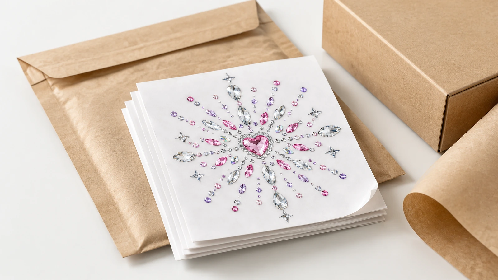 Hojas de motivos de strass con embalaje kraft Una pila de hojas blancas con motivos de strass con centro en forma de corazón junto a un sobre kraft, una caja y un rollo de papel