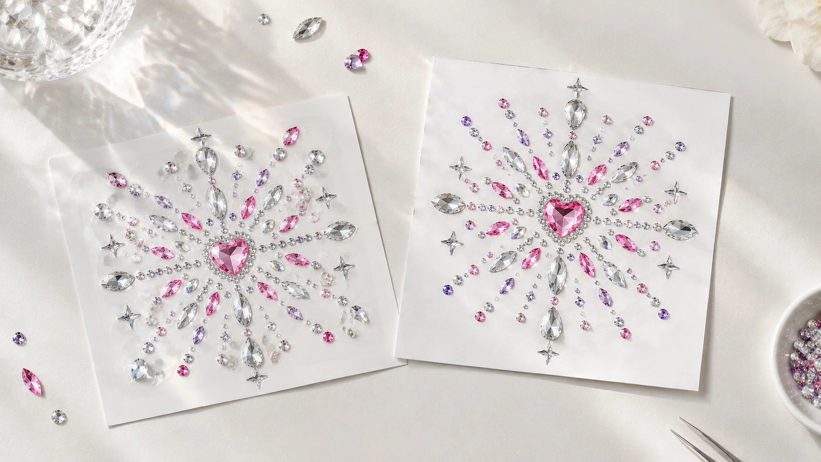 Motivos de strass a juego sobre hojas blancas Dos motivos de strass a juego con centro en forma de corazón sobre hojas blancas, con piedras rosas, moradas y transparentes