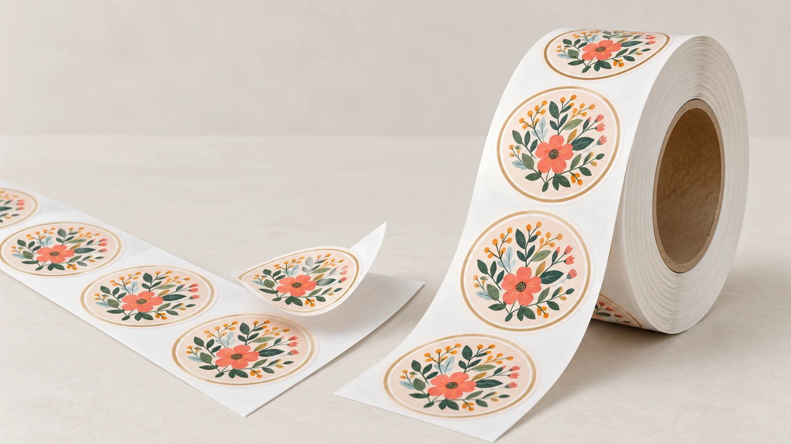 Etiquetas florales redondas sobre una tira desenrollada, con una etiqueta parcialmente despegada junto a un rollo en vertical