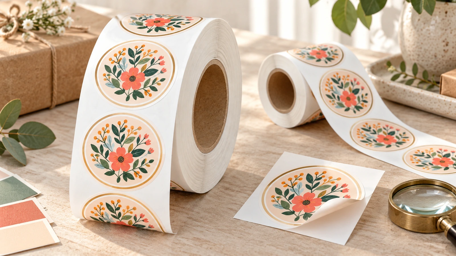 Rollos de etiquetas florales y una muestra suelta de etiqueta sobre una mesa de madera, con muestras de color y una lupa