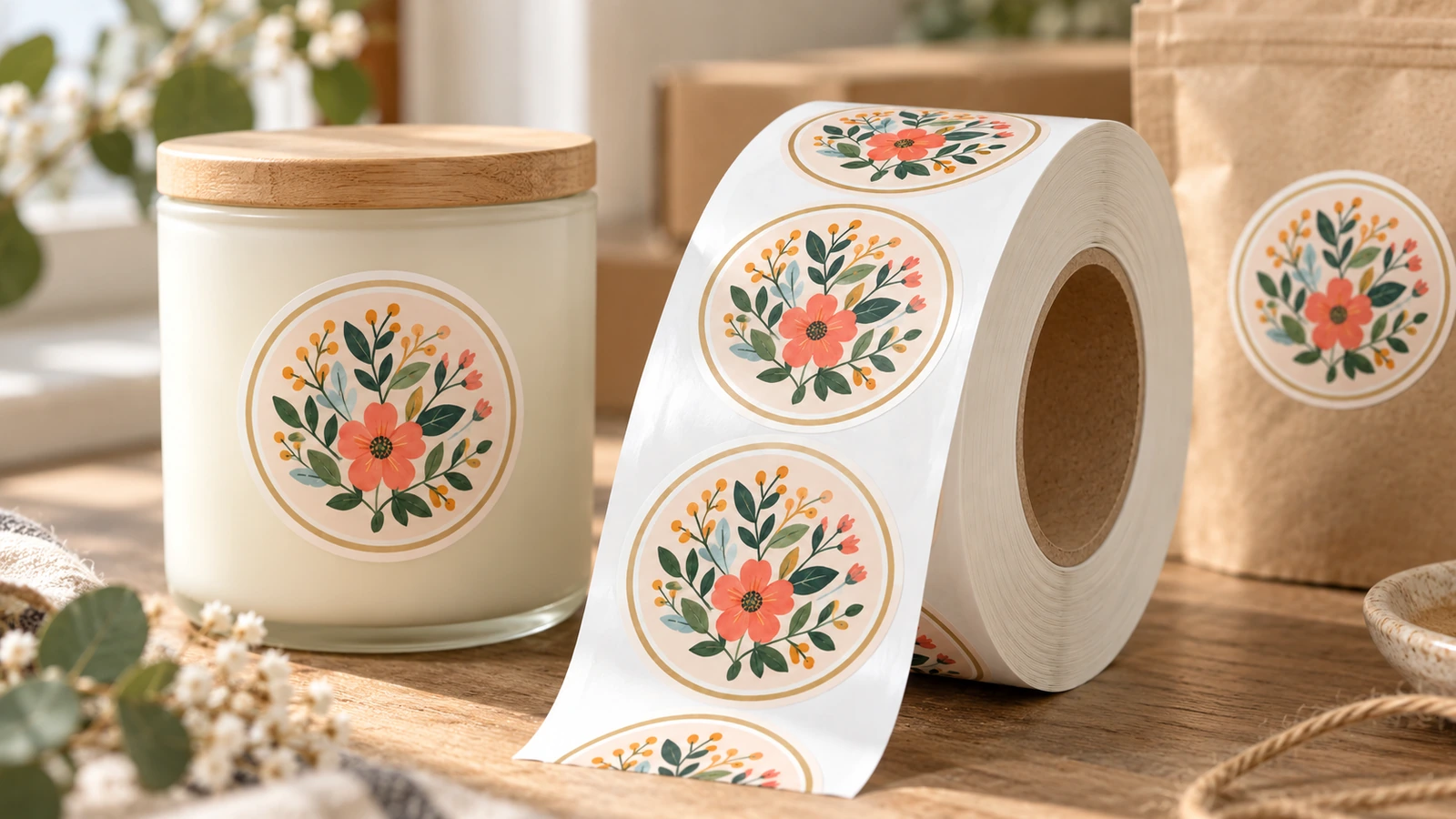 Un rollo de etiquetas florales junto a un frasco de vela y una bolsa kraft con etiquetas redondas a juego