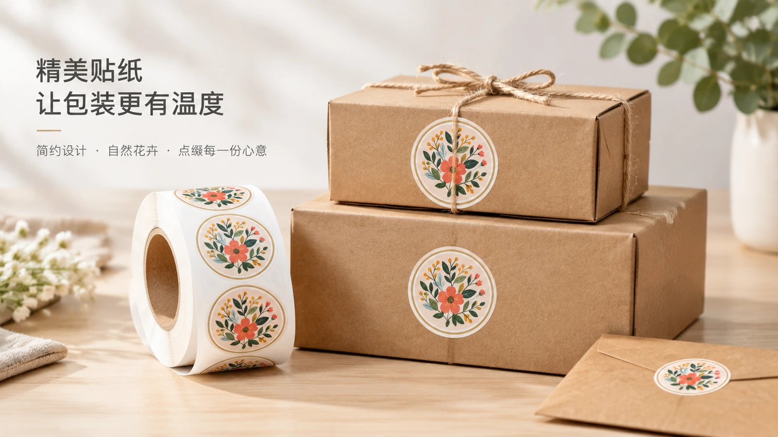 Rollo de etiquetas florales junto a cajas de regalo kraft apiladas y un sobre decorado con etiquetas a juego
