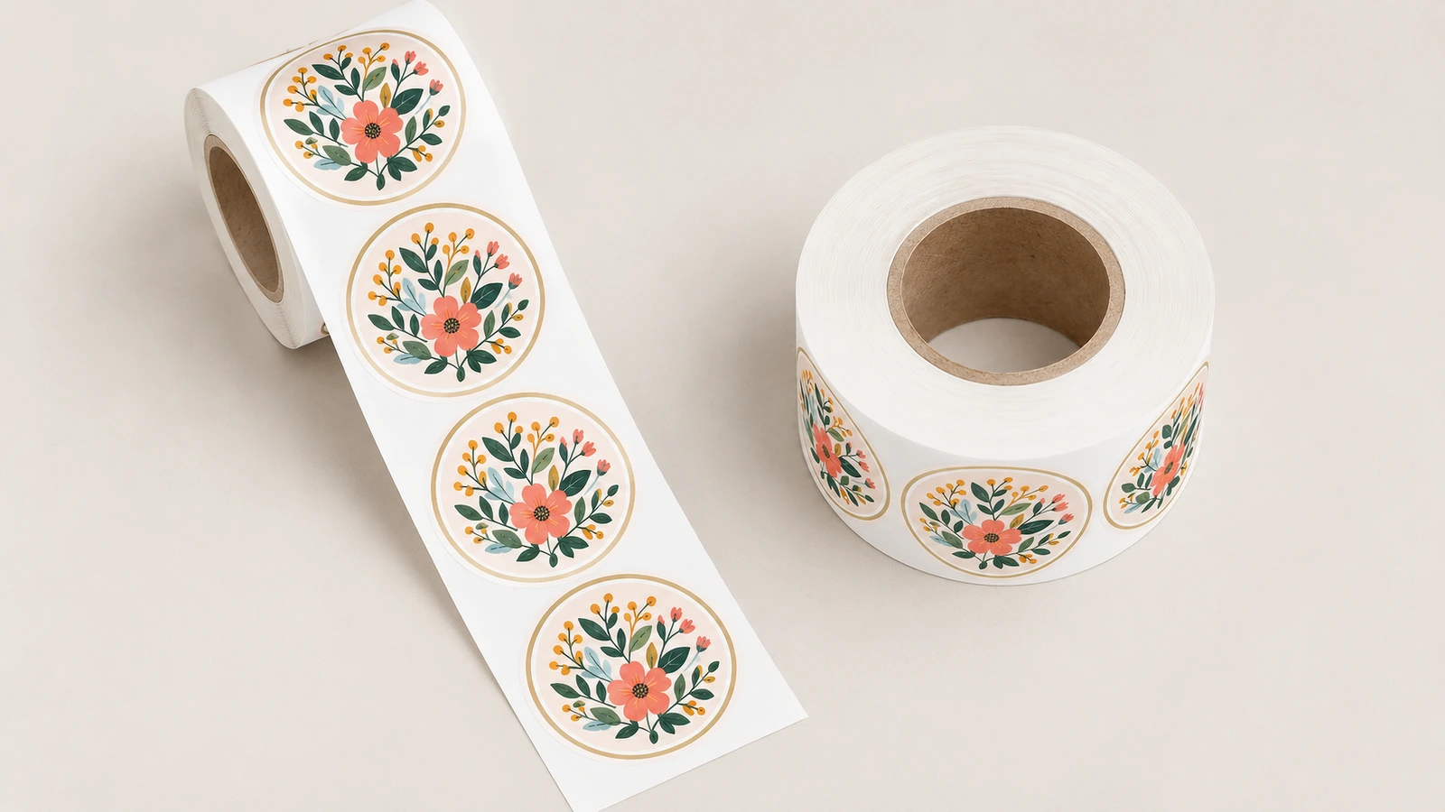 Dos rollos de etiquetas redondas florales sobre una superficie clara, con una tira desenrollada de uno de los rollos