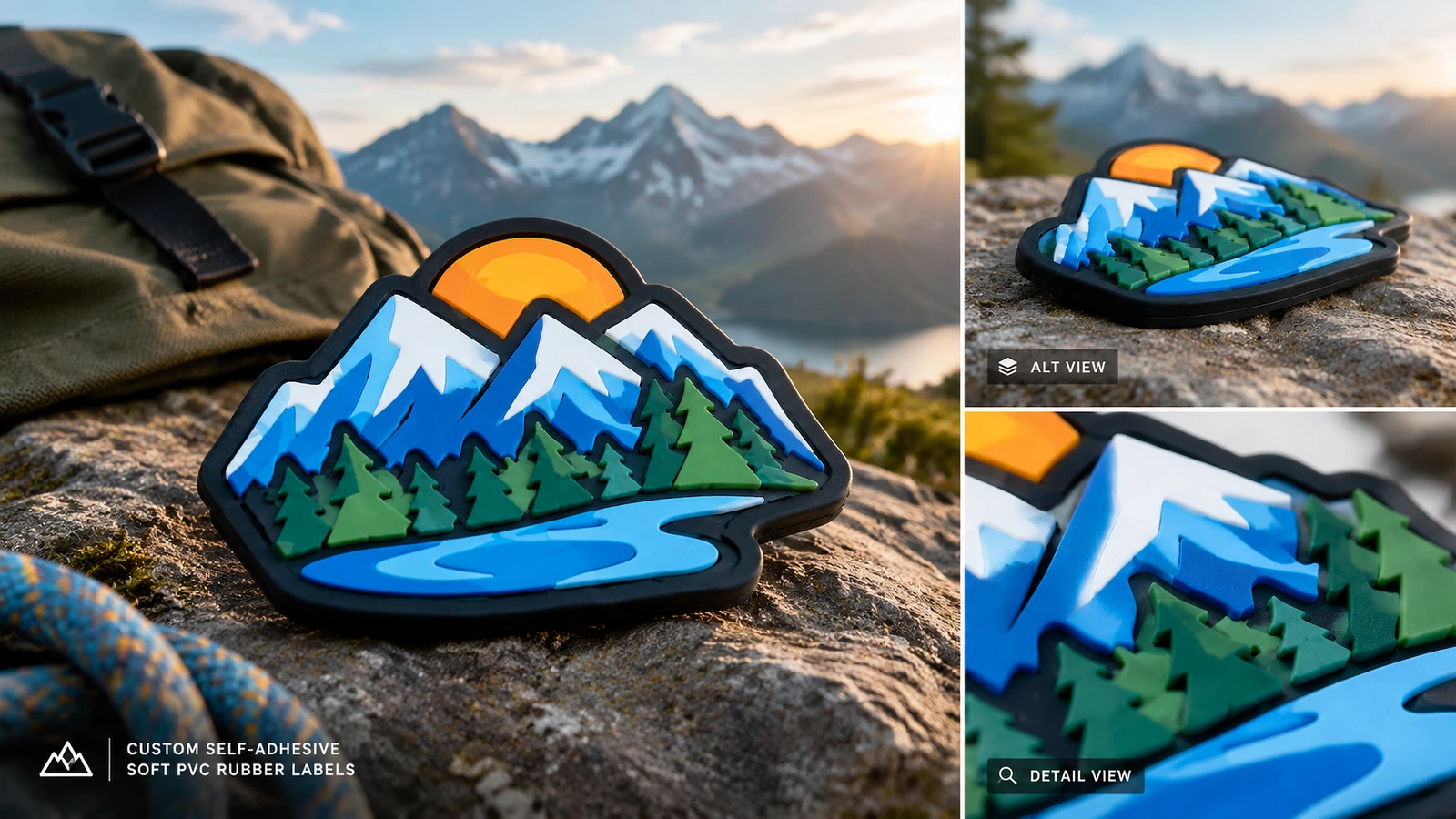 Etiqueta de diseño de montaña mostrada sobre una roca junto a una mochila, con recuadros de vistas alternativas y de detalle
