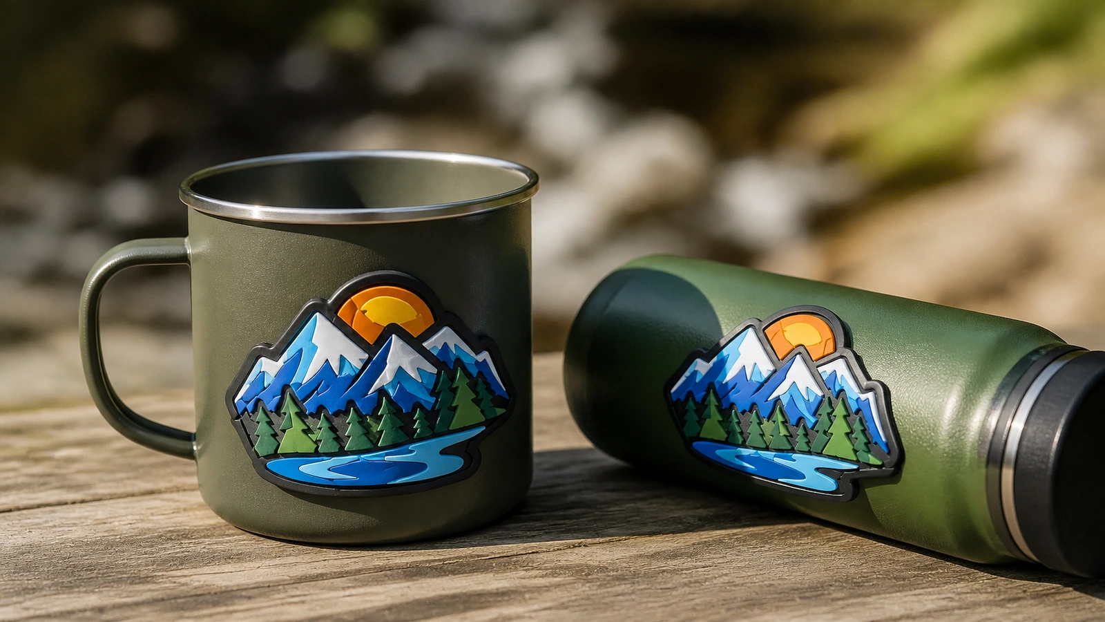 Etiquetas de diseño de montaña mostradas en una taza de campamento y una botella junto a un arroyo
