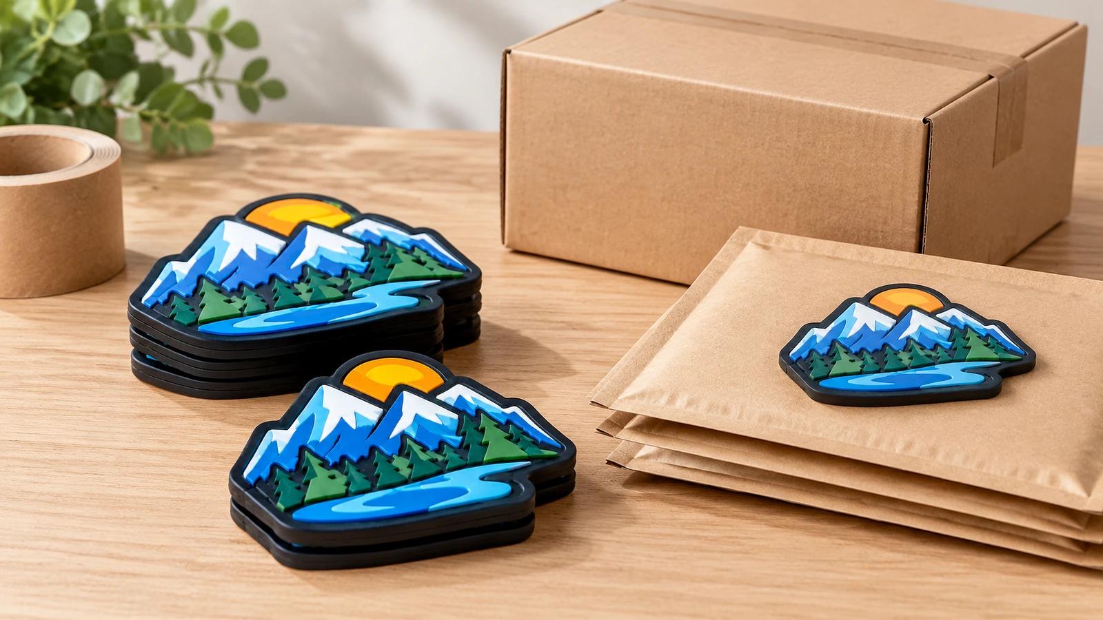 Pilas de etiquetas de diseño de montaña junto a sobres kraft y una caja de cartón