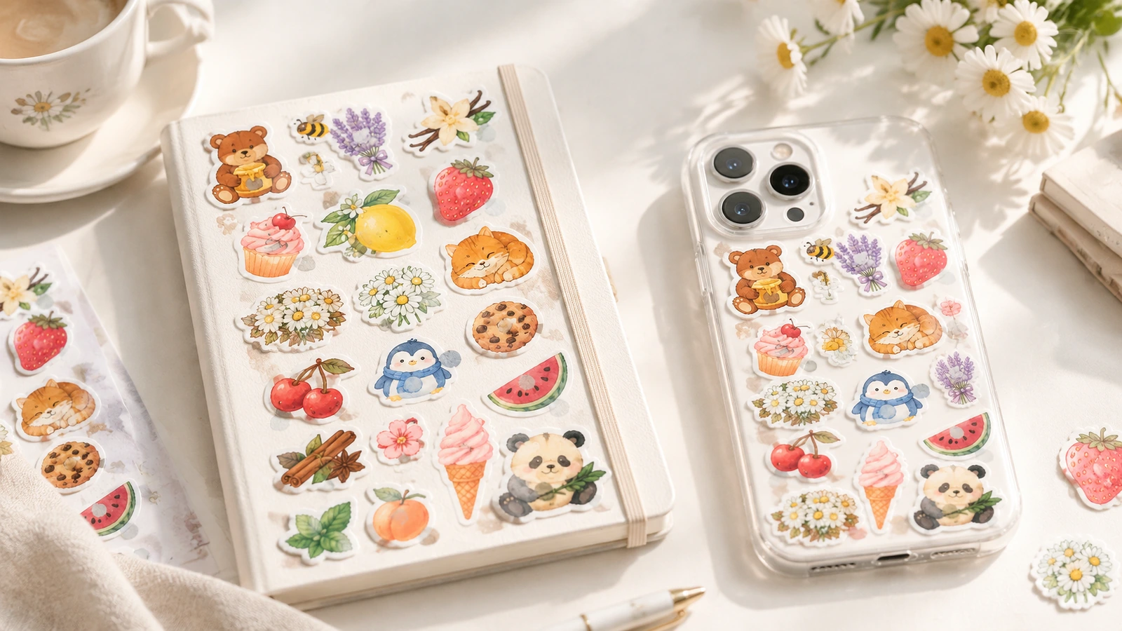 Diseños de pegatinas a juego de frutas, flores y animales exhibidos en una libreta y en una funda transparente para teléfono