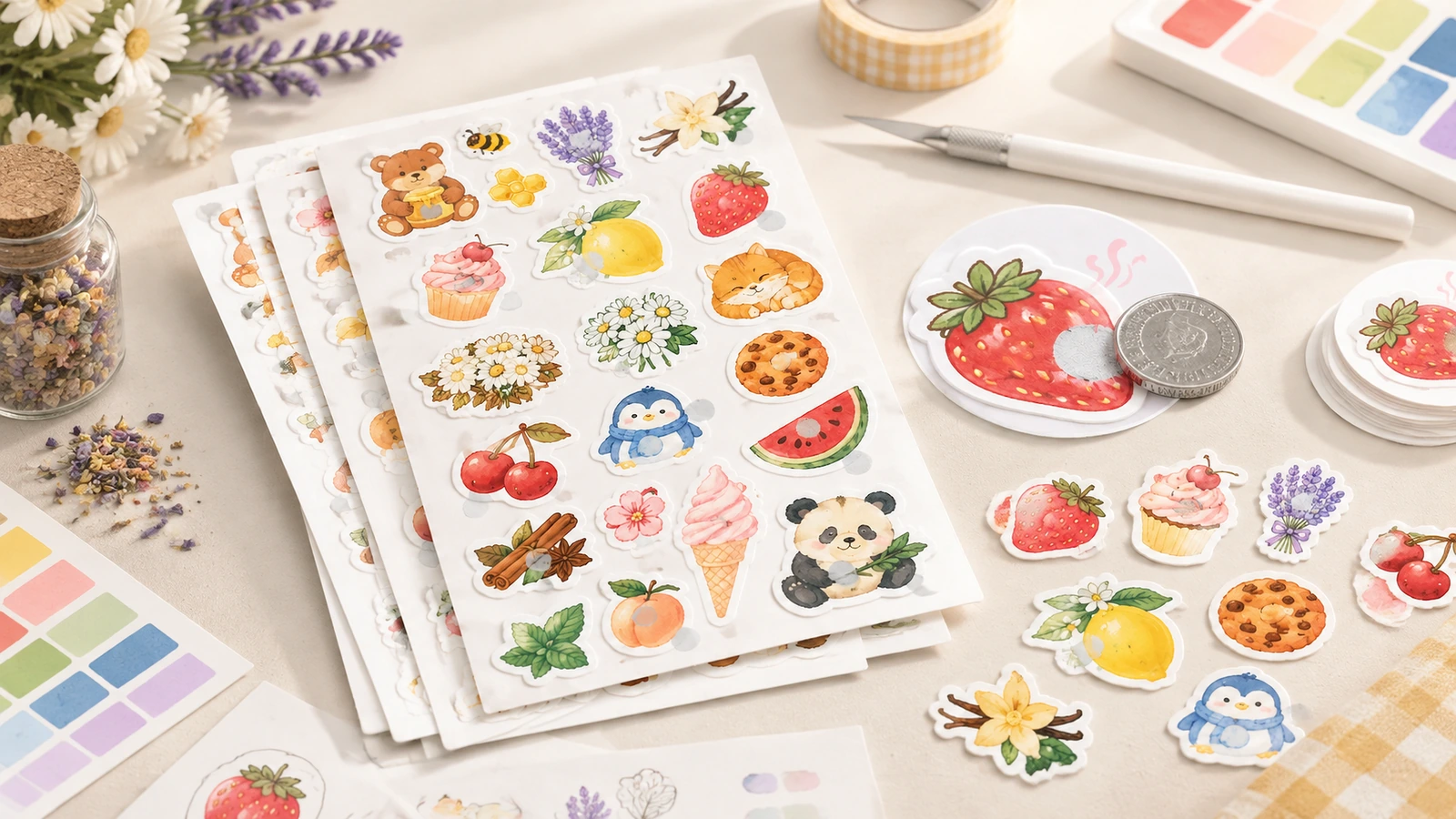 Hojas de pegatinas ilustradas y pegatinas sueltas de frutas, flores y animales dispuestas con muestras de color y herramientas de dibujo