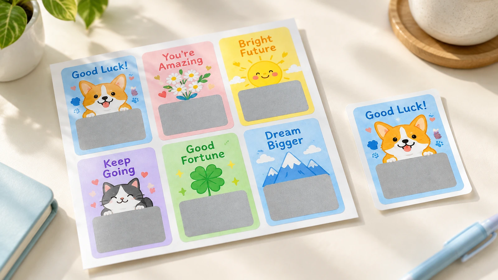 Hoja de tarjetas de recompensa de colores y una tarjeta aparte con diseño de perro y paneles rascables plateados, sobre un escritorio