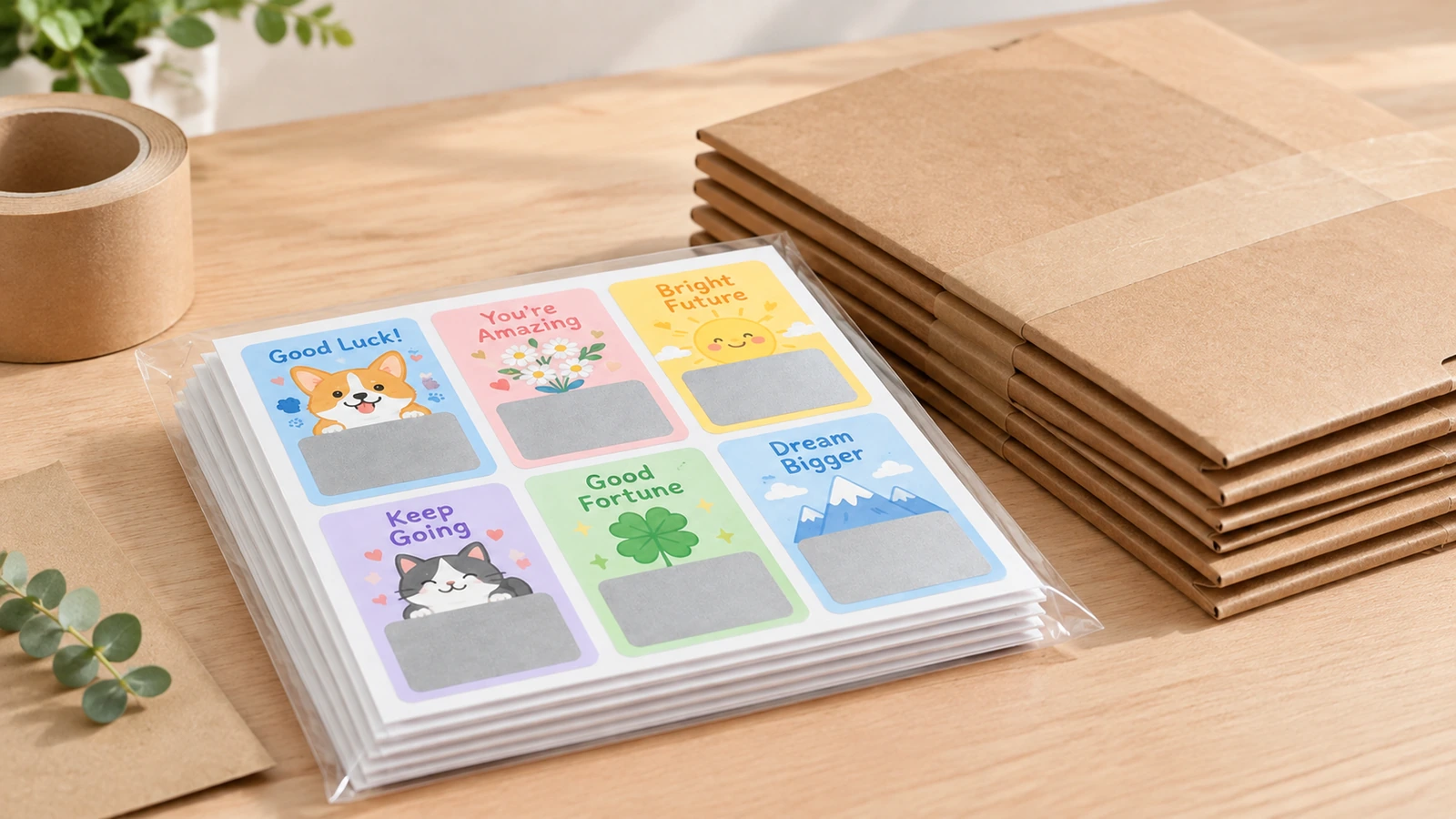 Hojas de tarjetas de recompensa en fundas transparentes junto a cajas de envío de cartón marrón apiladas