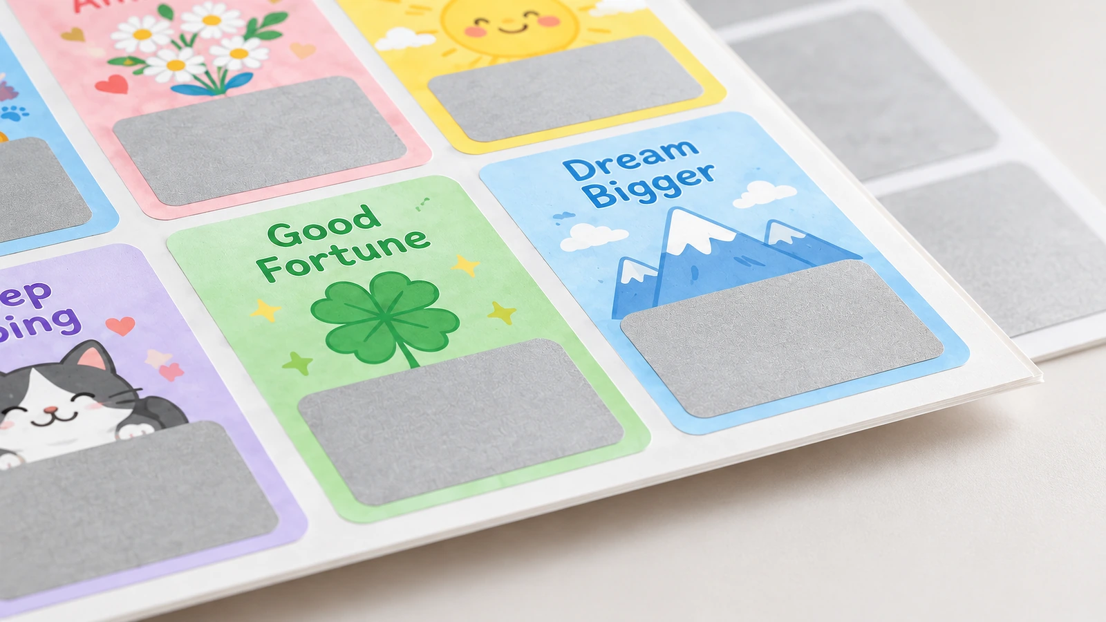 Primer plano de tarjetas de recompensa ilustradas con paneles rascables plateados rectangulares