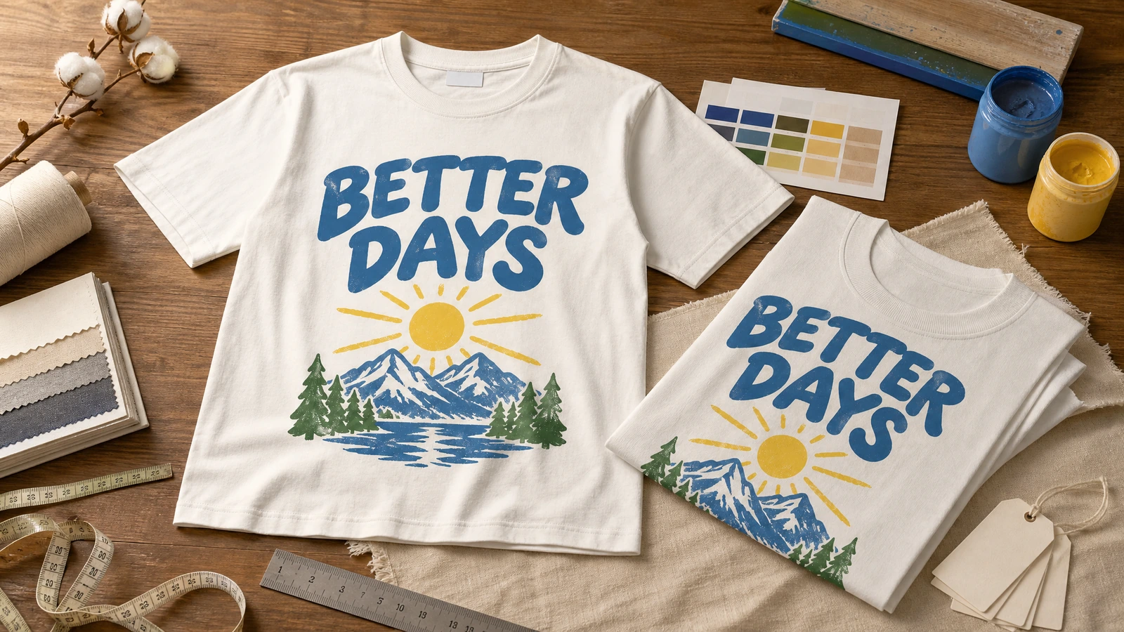 Camisetas crema impresas y dobladas junto a recipientes de tinta, muestras de color y muestras de tejido