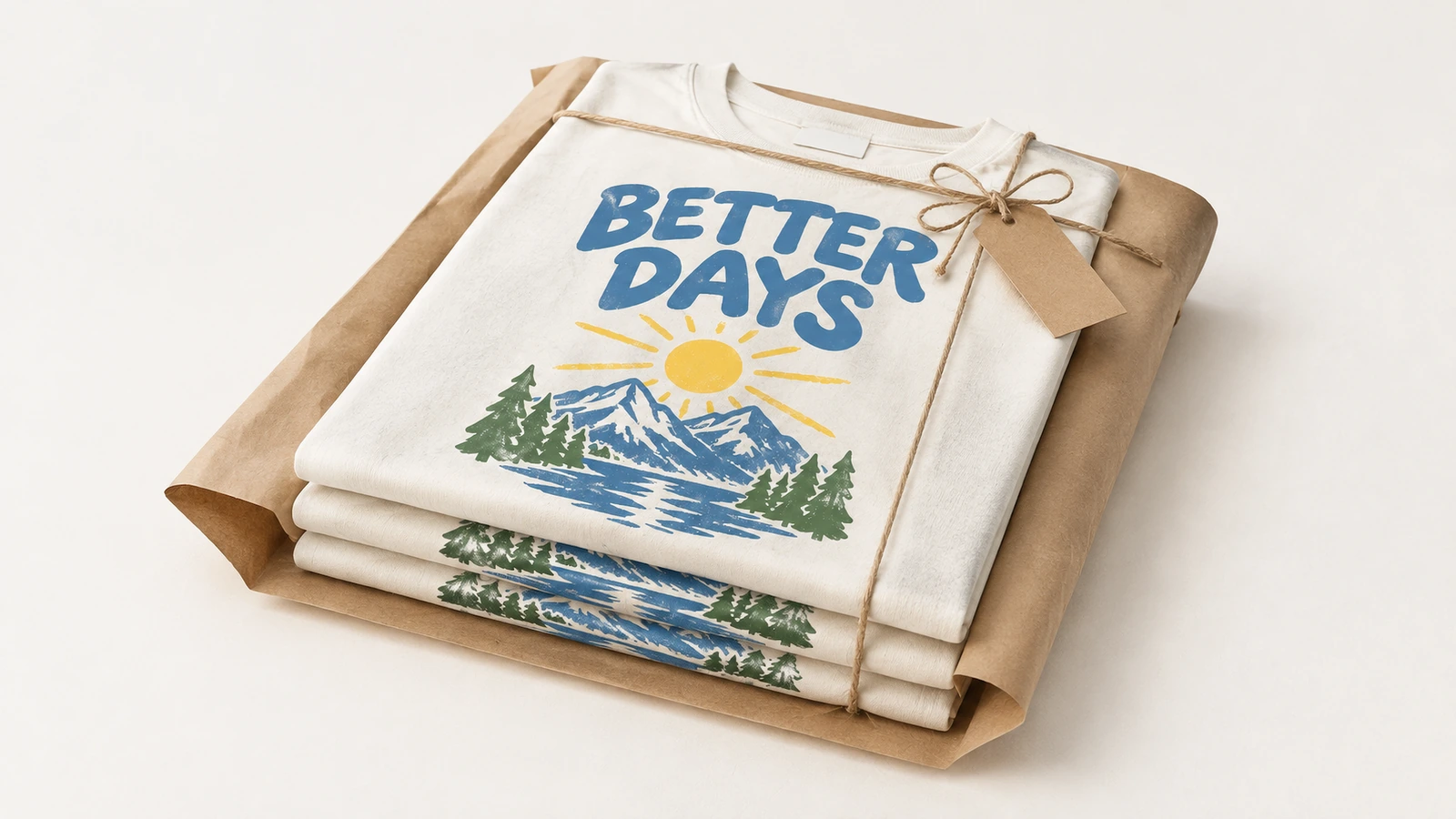 Camisetas impresas dobladas, envueltas en papel kraft y atadas con cordel