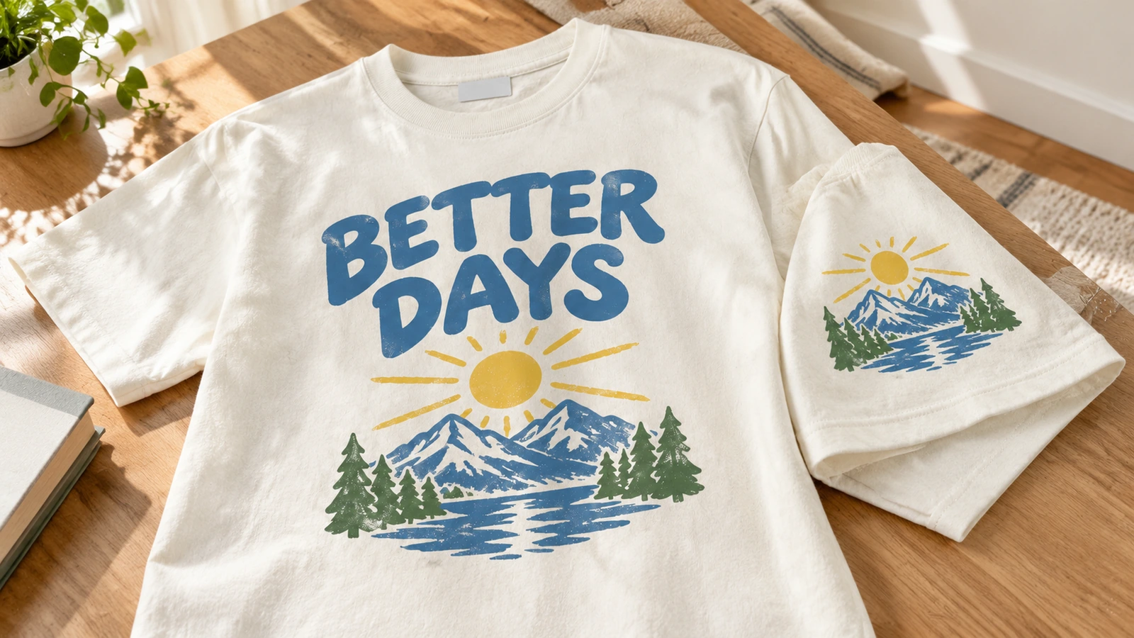 Camiseta crema impresa junto a una camiseta doblada con un gráfico de montaña a juego
