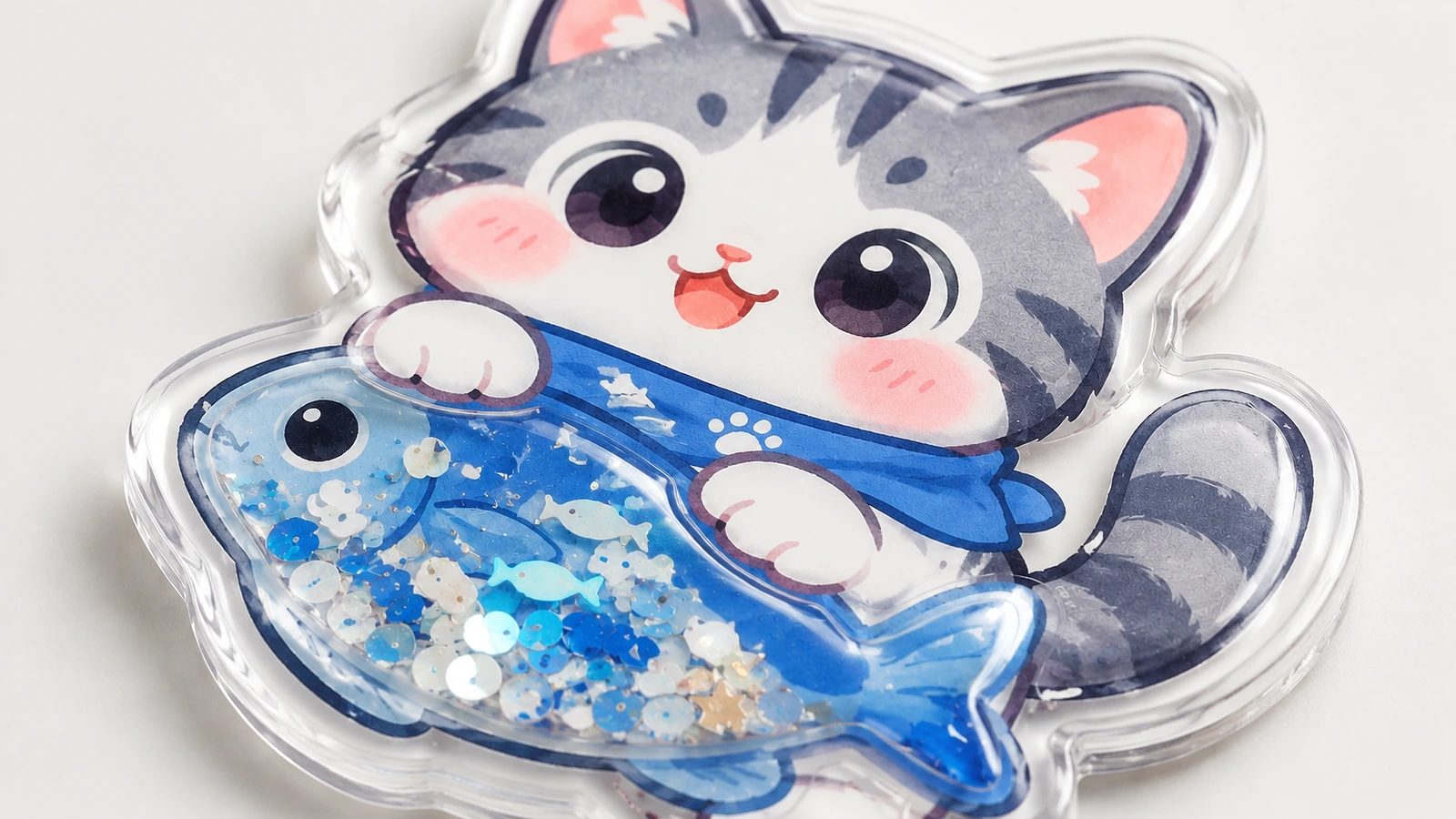 Primer plano de la pegatina shaker de gato y pez Primer plano de una pegatina shaker de gato y pez que muestra el diseño impreso, el borde elevado transparente y las lentejuelas azules