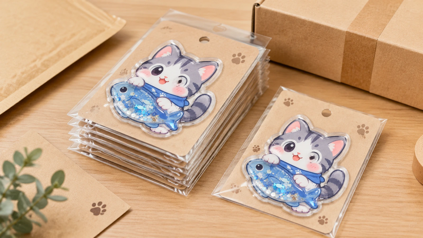 Pegatinas shaker envasadas individualmente Pegatinas shaker de gato y pez envasadas individualmente con tarjetas de respaldo de papel kraft en fundas transparentes, junto a una caja de cartón