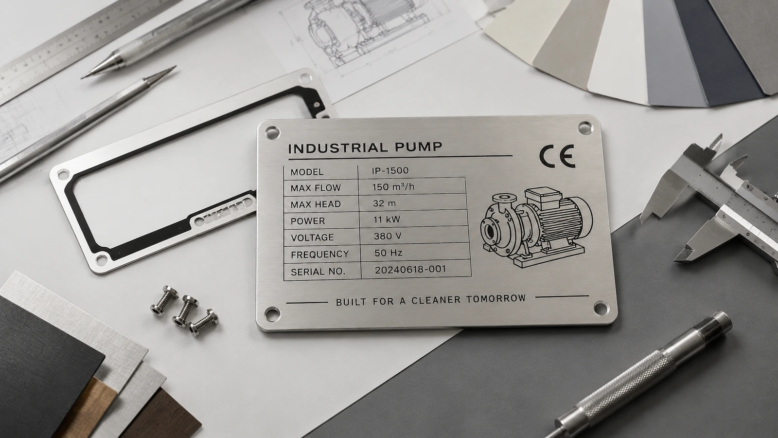 Placa de identificación de bomba industrial de acero inoxidable con cuatro orificios de montaje sobre una mesa de trabajo, junto a planos, calibres y sujetadores