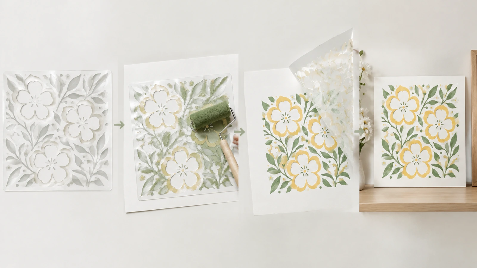 Demostración en 4 paneles de una plantilla floral: aplicación con rodillo, levantamiento de la hoja y diseño floral terminado