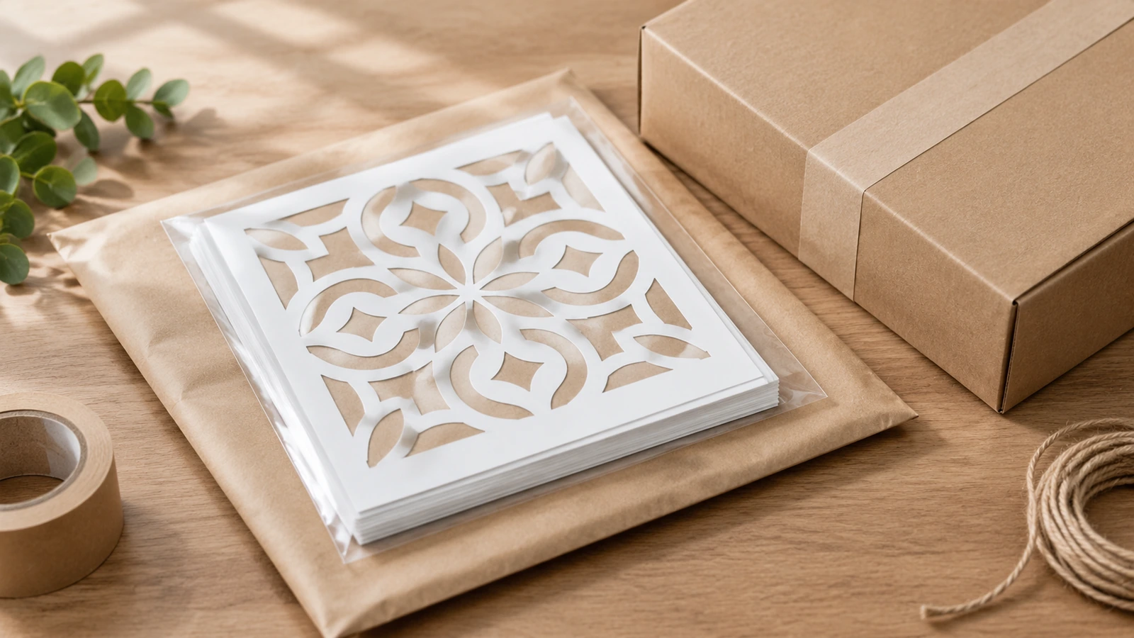 Láminas de plantilla floral apiladas en una funda transparente, sobre un sobre de envío de papel kraft, junto a una caja de cartón