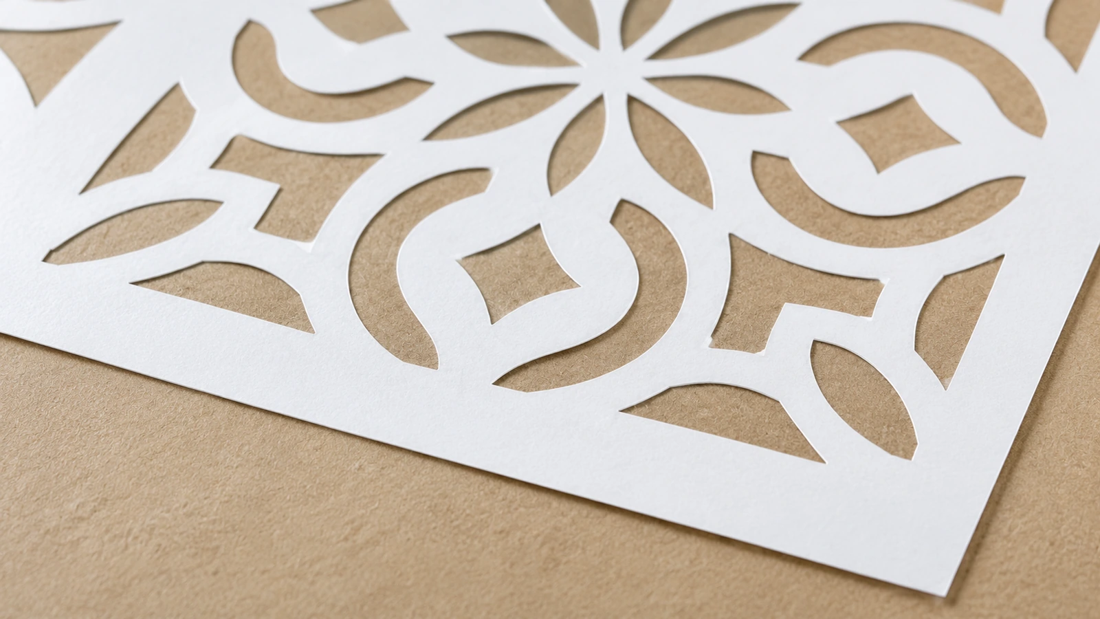 Primer plano de recortes curvos y en forma de pétalo en una plantilla blanca sobre una superficie beige