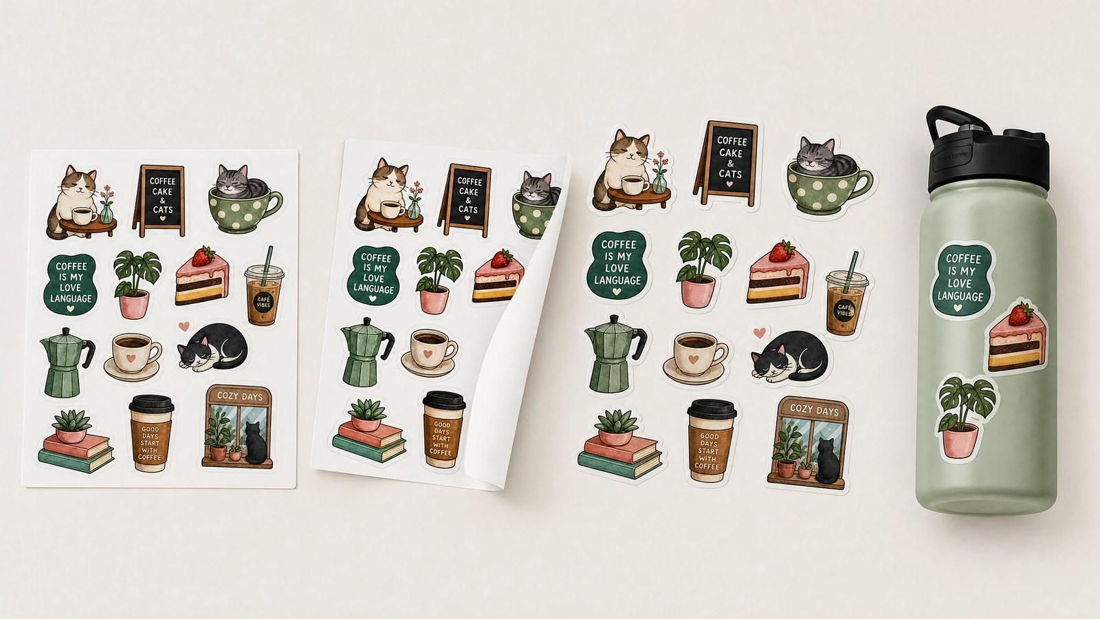 Hojas de pegatinas de gatos y café y diseños sueltos junto a una botella decorada con pegatinas a juego
