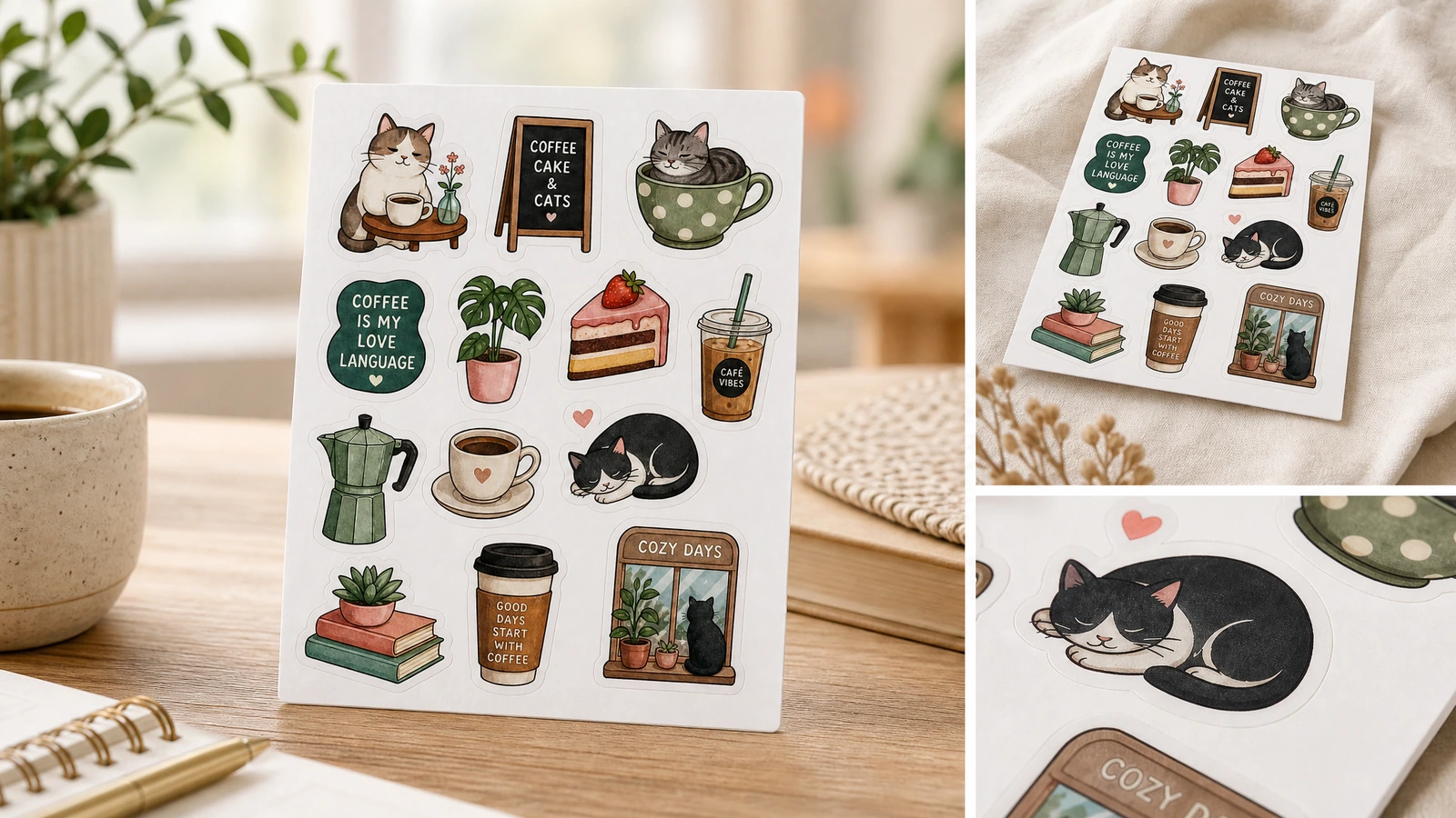 Collage que muestra una hoja de pegatinas de gatos y café sobre un escritorio, sobre tela y en primer plano