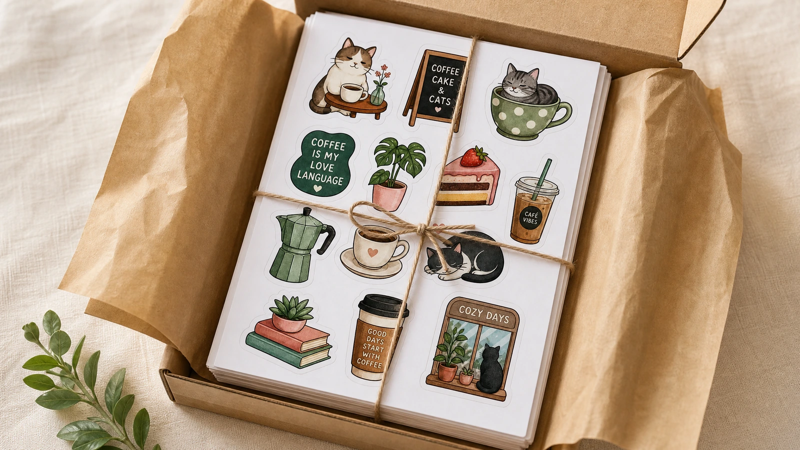 Una pila de hojas de pegatinas de gatos y café atada con cordel en una caja kraft forrada con papel de seda