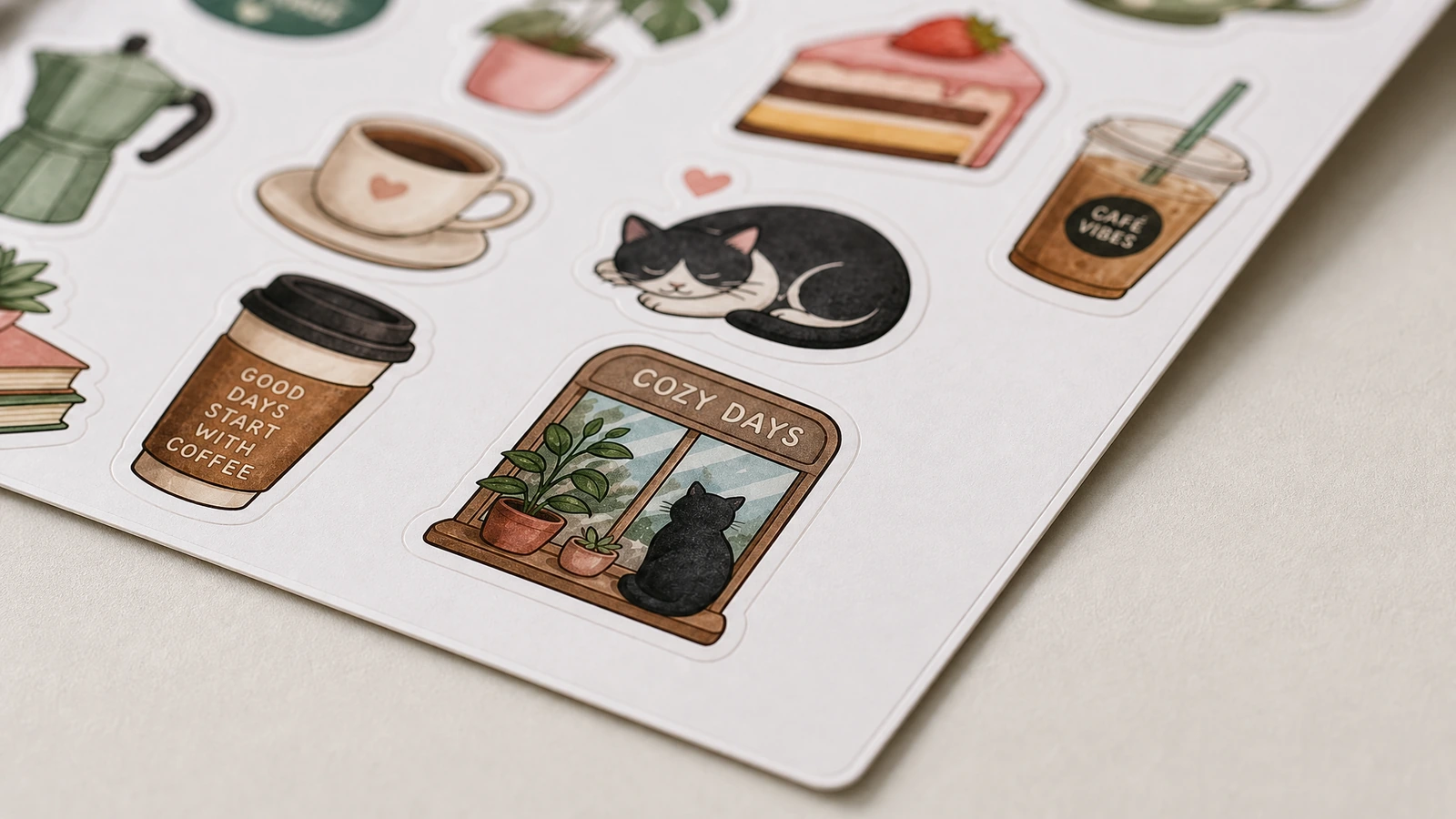 Primer plano de pegatinas de tazas de café, un gato durmiendo, un pastel y plantas sobre una hoja blanca