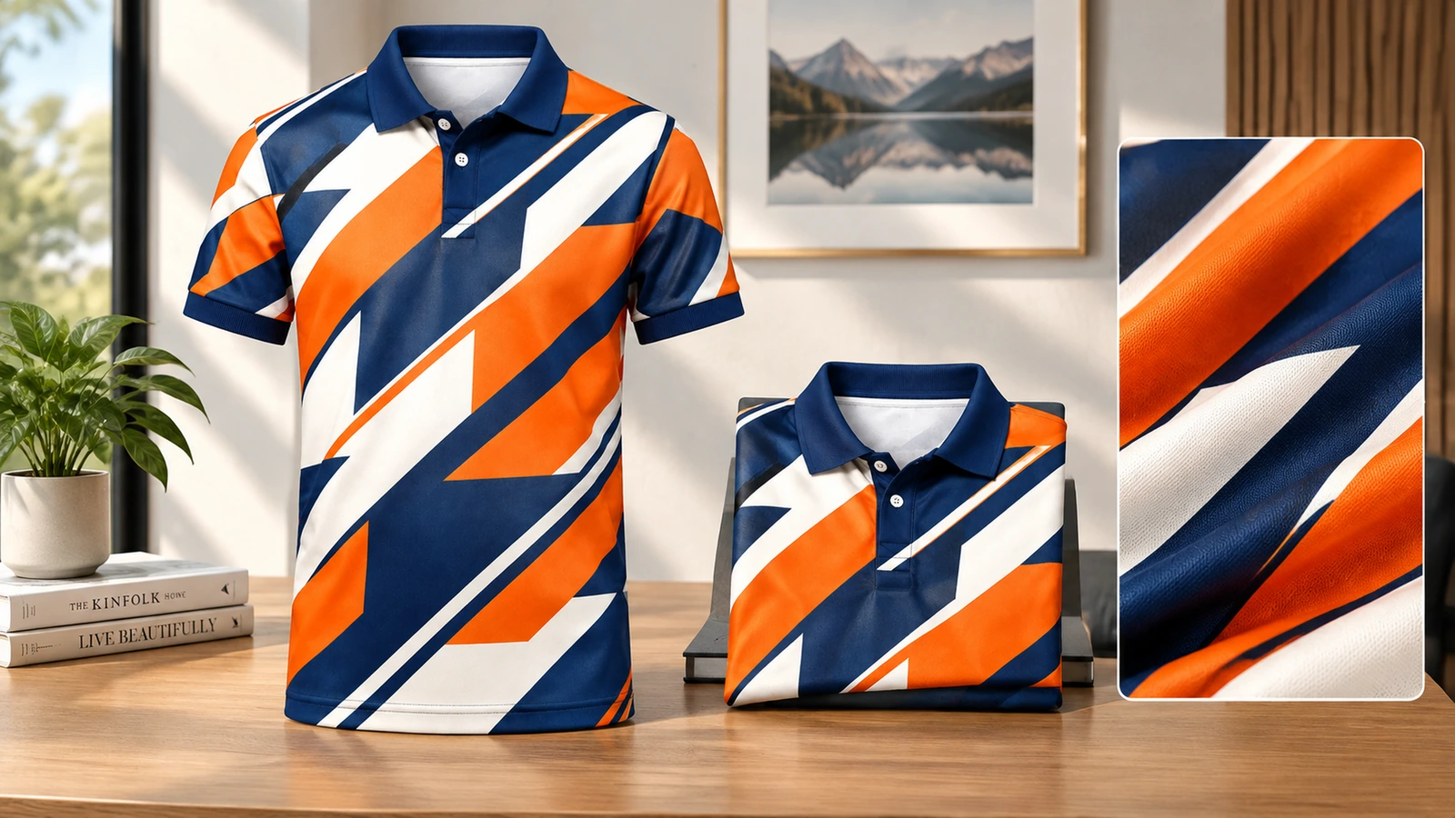 Polo estampado mostrado de pie y doblado sobre una mesa, con un recuadro de primer plano del tejido