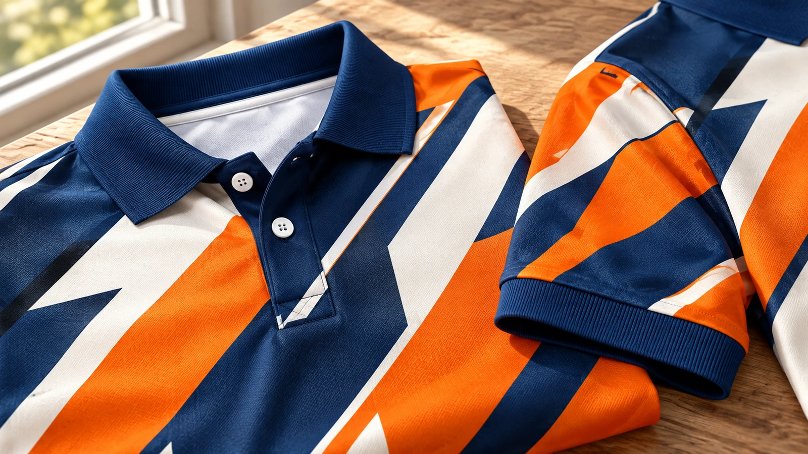 Primer plano de polos estampados que muestra los cuellos azul marino, las tapetas con botones y un puño de manga