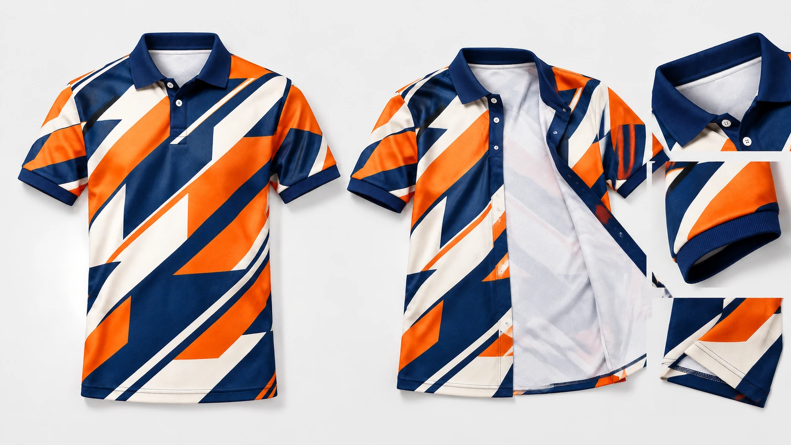Polo estampado mostrado cerrado y abierto para ver su superficie interior blanca, con detalles en primer plano del cuello y del tejido