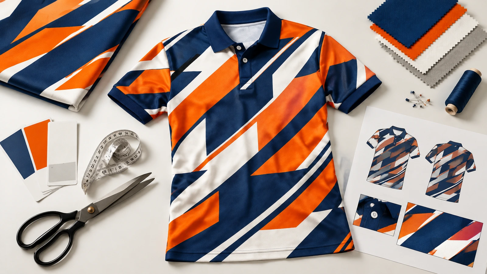 Polo estampado en azul marino, naranja y blanco rodeado de muestras de tejido, tijeras, cinta métrica y bocetos de prendas